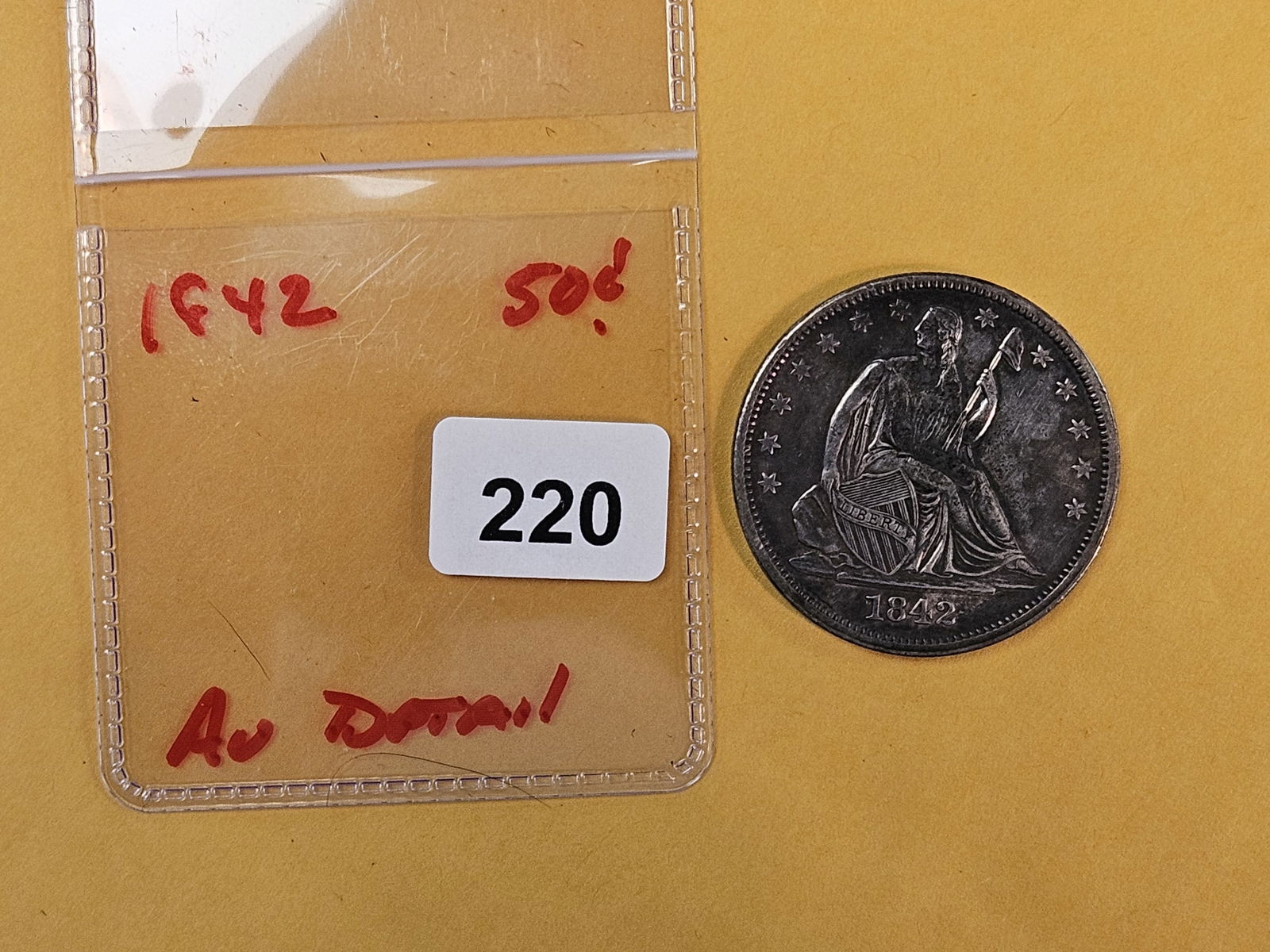 1842 Seated Liberty silver half dollar in Brilliant About Uncirculated plus - details - 2