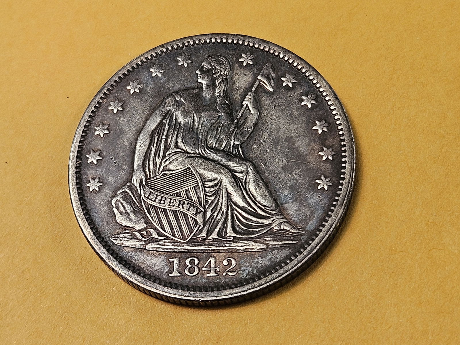 1842 Seated Liberty silver half dollar in Brilliant About Uncirculated plus - details - 3