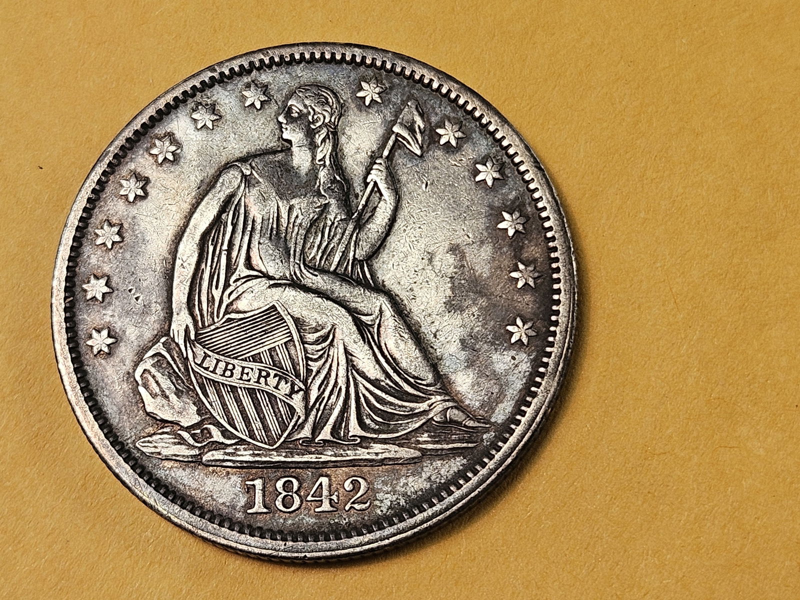 1842 Seated Liberty silver half dollar in Brilliant About Uncirculated plus - details - 4