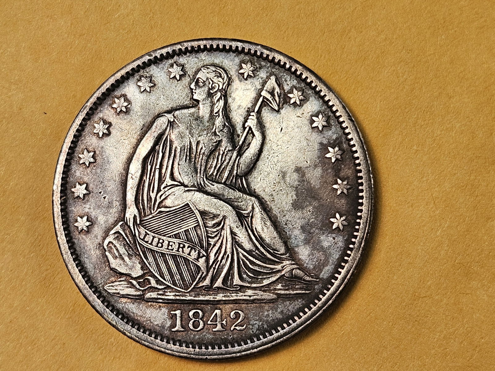 1842 Seated Liberty silver half dollar in Brilliant About Uncirculated plus - details - 5