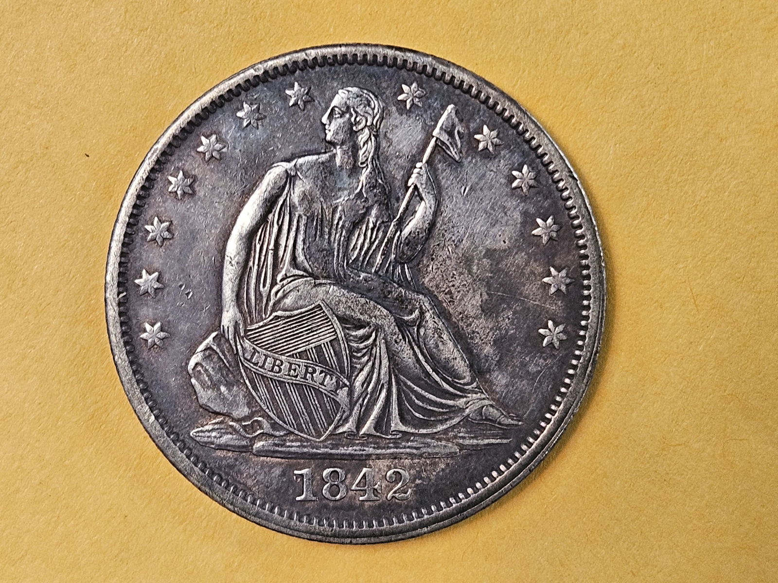 1842 Seated Liberty silver half dollar in Brilliant About Uncirculated plus - details - 6
