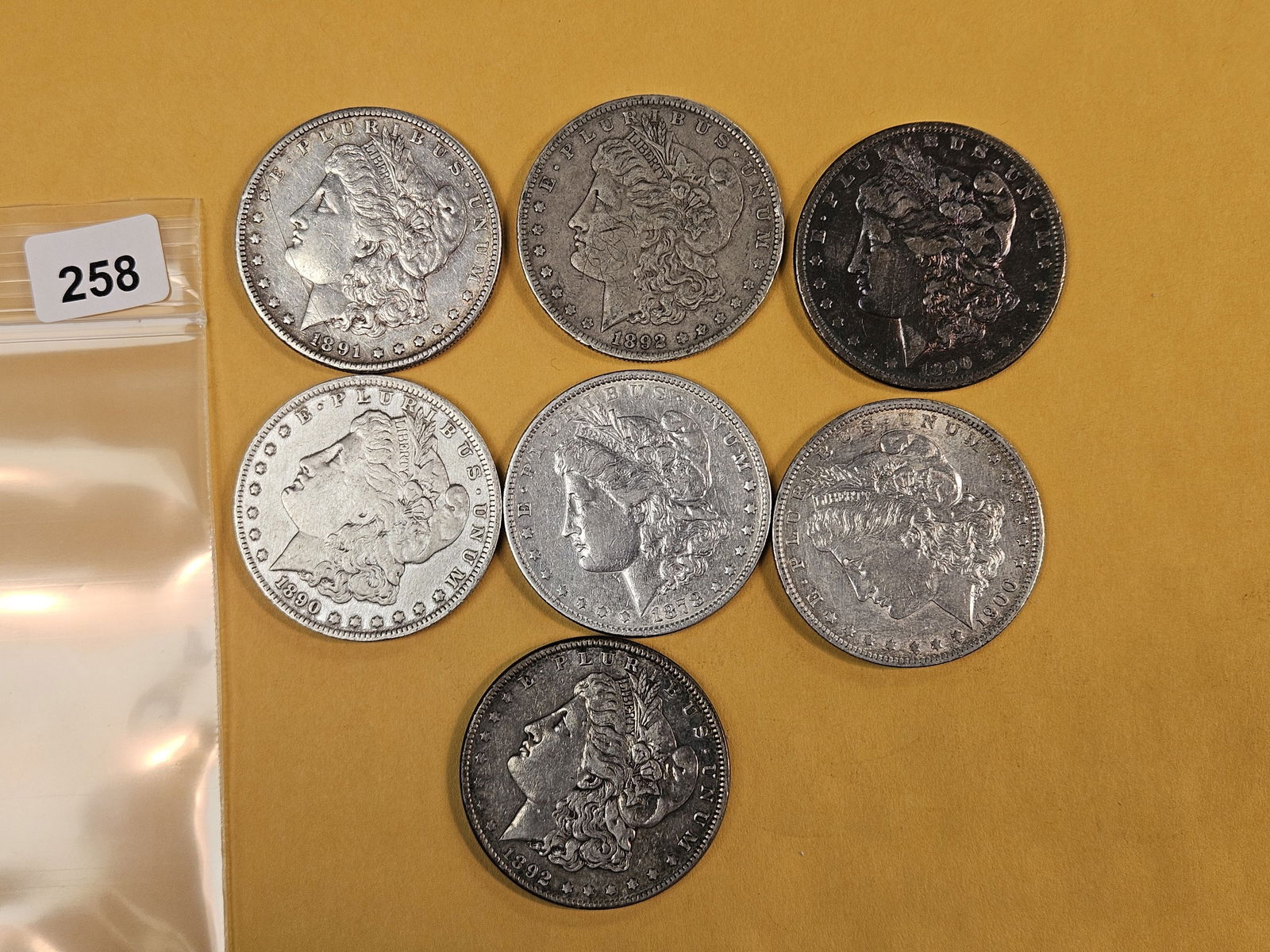 Seven Mixed Morgan silver Dollars: Circulated 