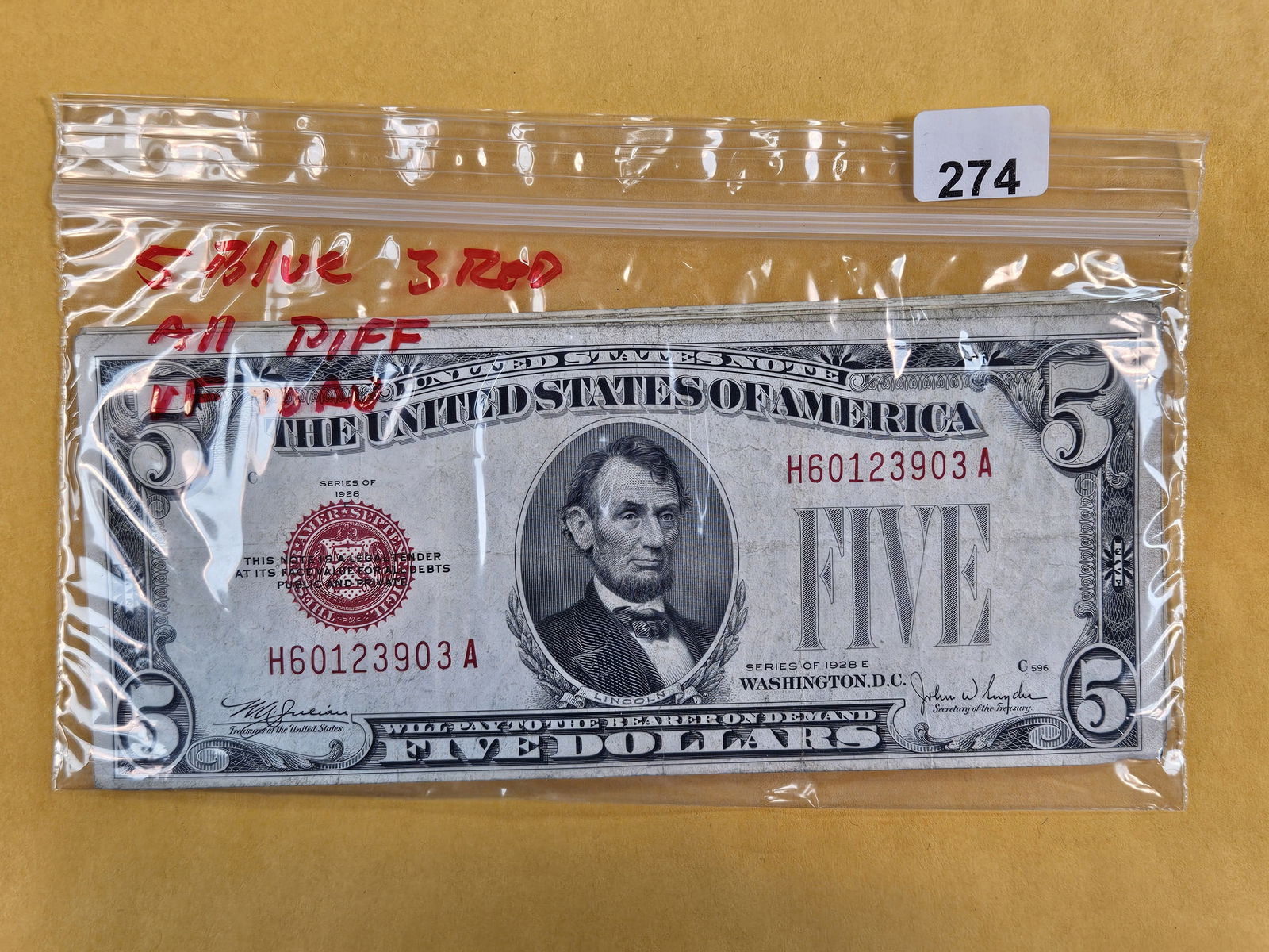 Eight mixed $5 pieces of US Currency: Five Blue Silver certificates and three Red seal US notes. In Very Fine to About Uncirculated 