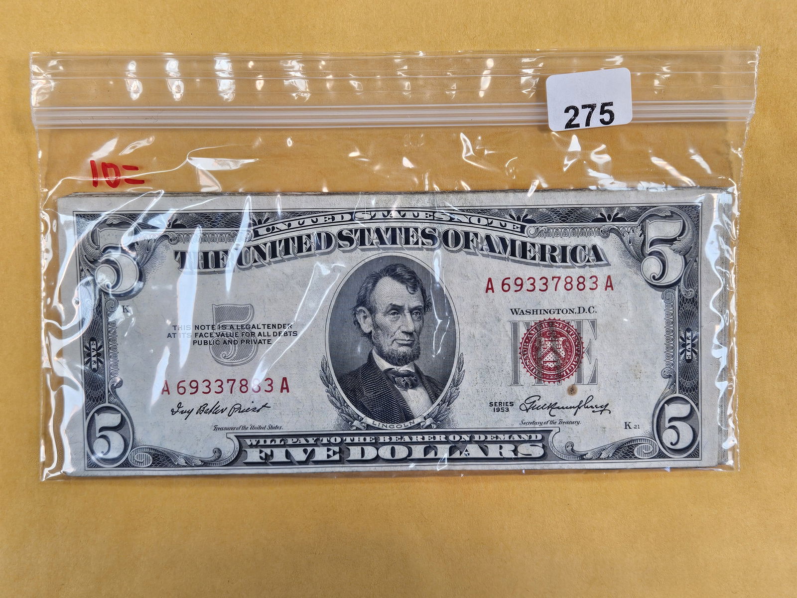 Ten $5 US Note Red Seals: Average Circulation 