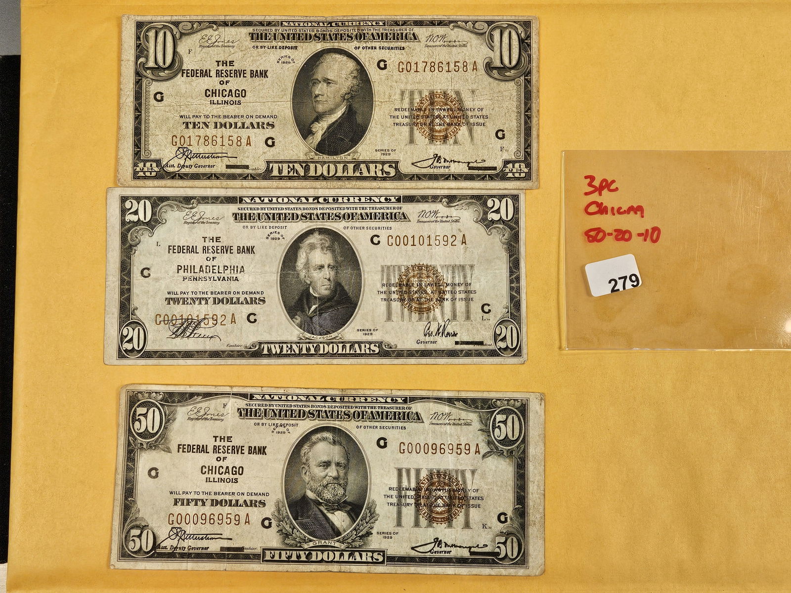 Three pieces of US National Currency Notes: Ten, 20 and 50 dollars 