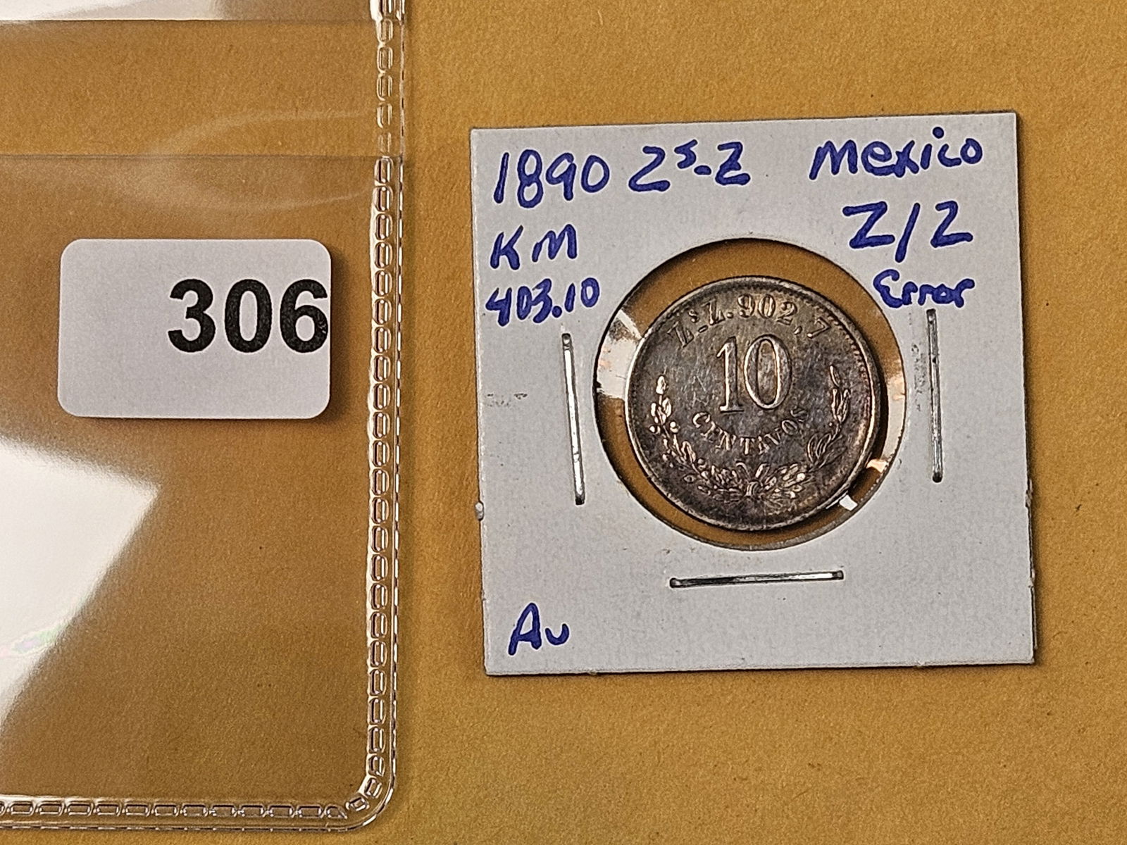 Bright About uncirculated plus 1890 Zs Z Mexico ten centavos - 2