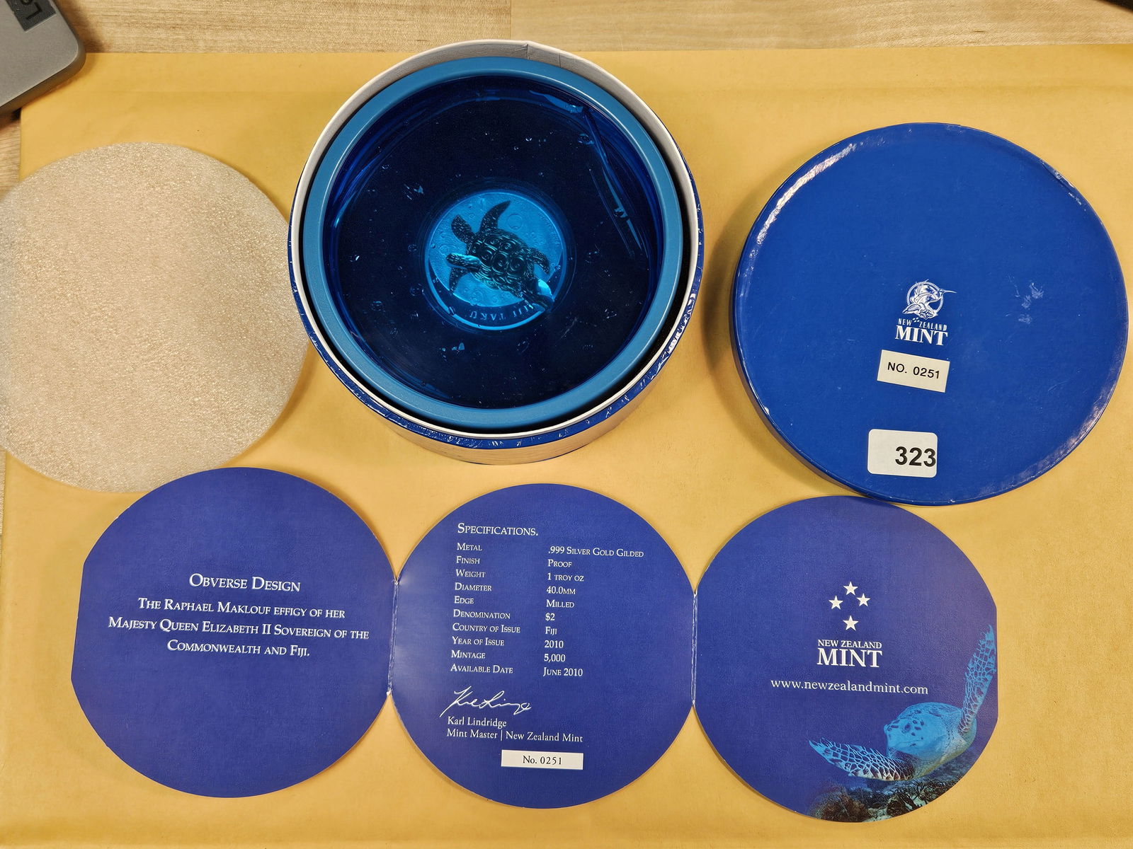 GEM 2010 Fiji Silver (gold-gilded) Proof Two Dollars: Super Cool Hawksbill Turtle image. Comes in OGP with COA. Super Low mintage of only 5,000 