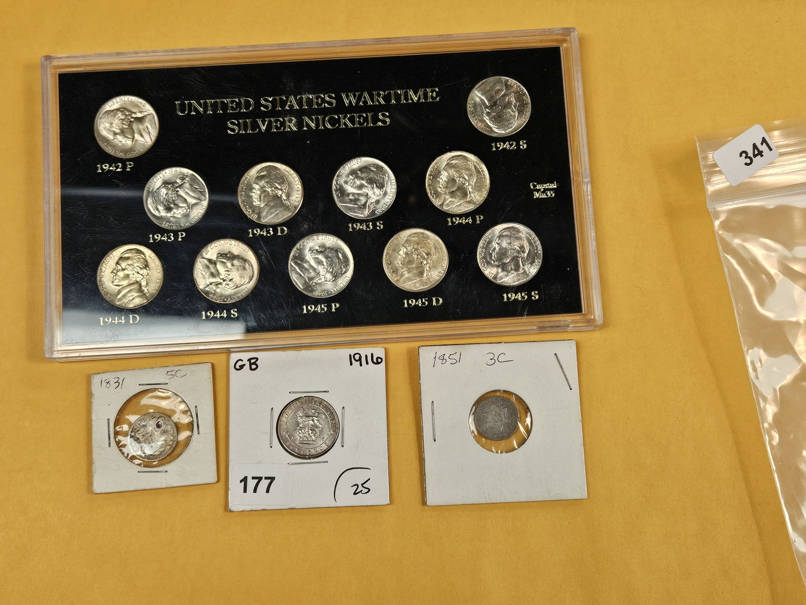Small hodge-podge lot: Silver War Nickel Set, all look Brilliant Uncirculated, bust half-dime, 3 cent silver trime and BU British 6-pence 
