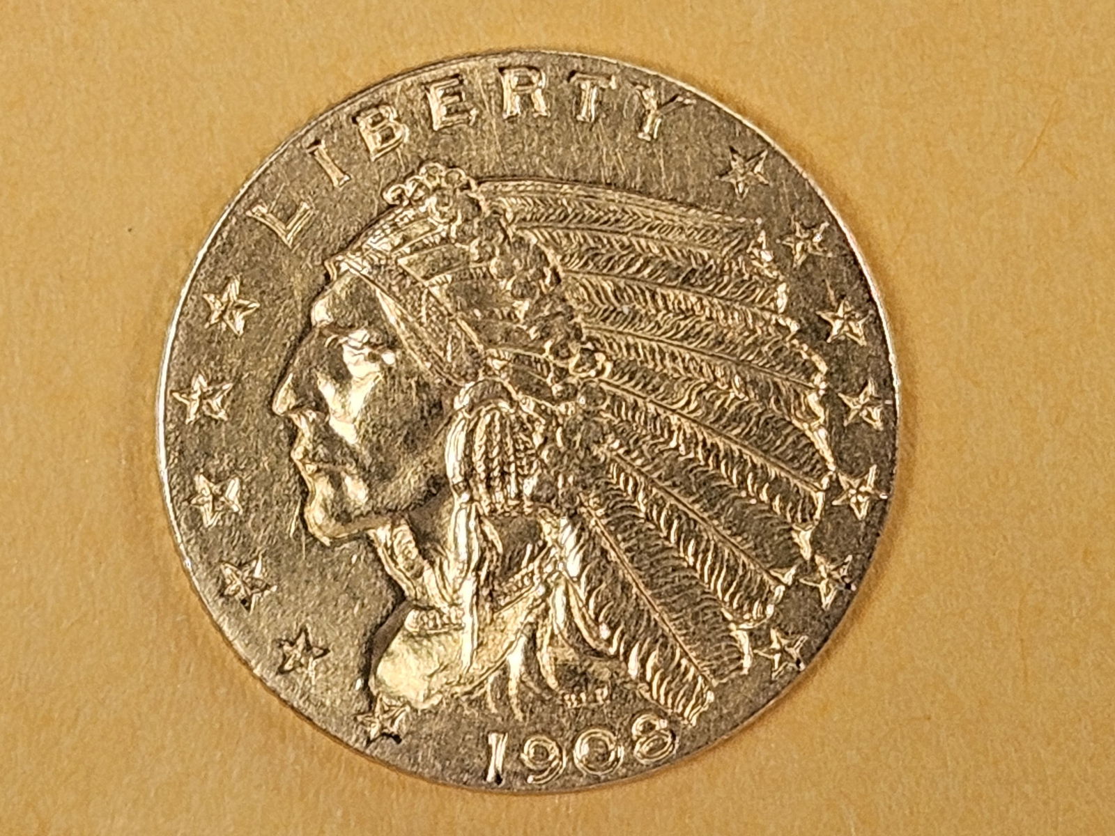 GOLD! Brilliant About Uncirculated 1908 Indian Head $2.5 Dollars: Quarter Eagle