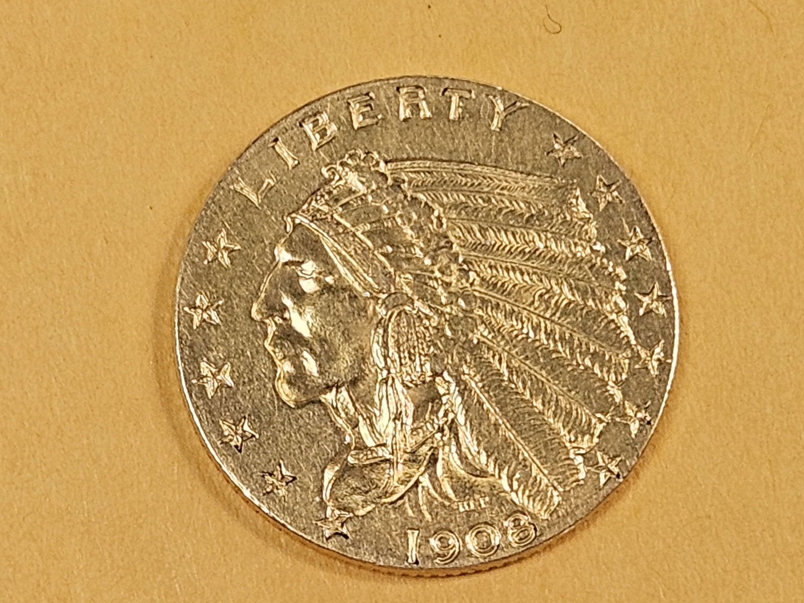 GOLD! Brilliant About Uncirculated 1908 Indian Head $2.5 Dollars - 3