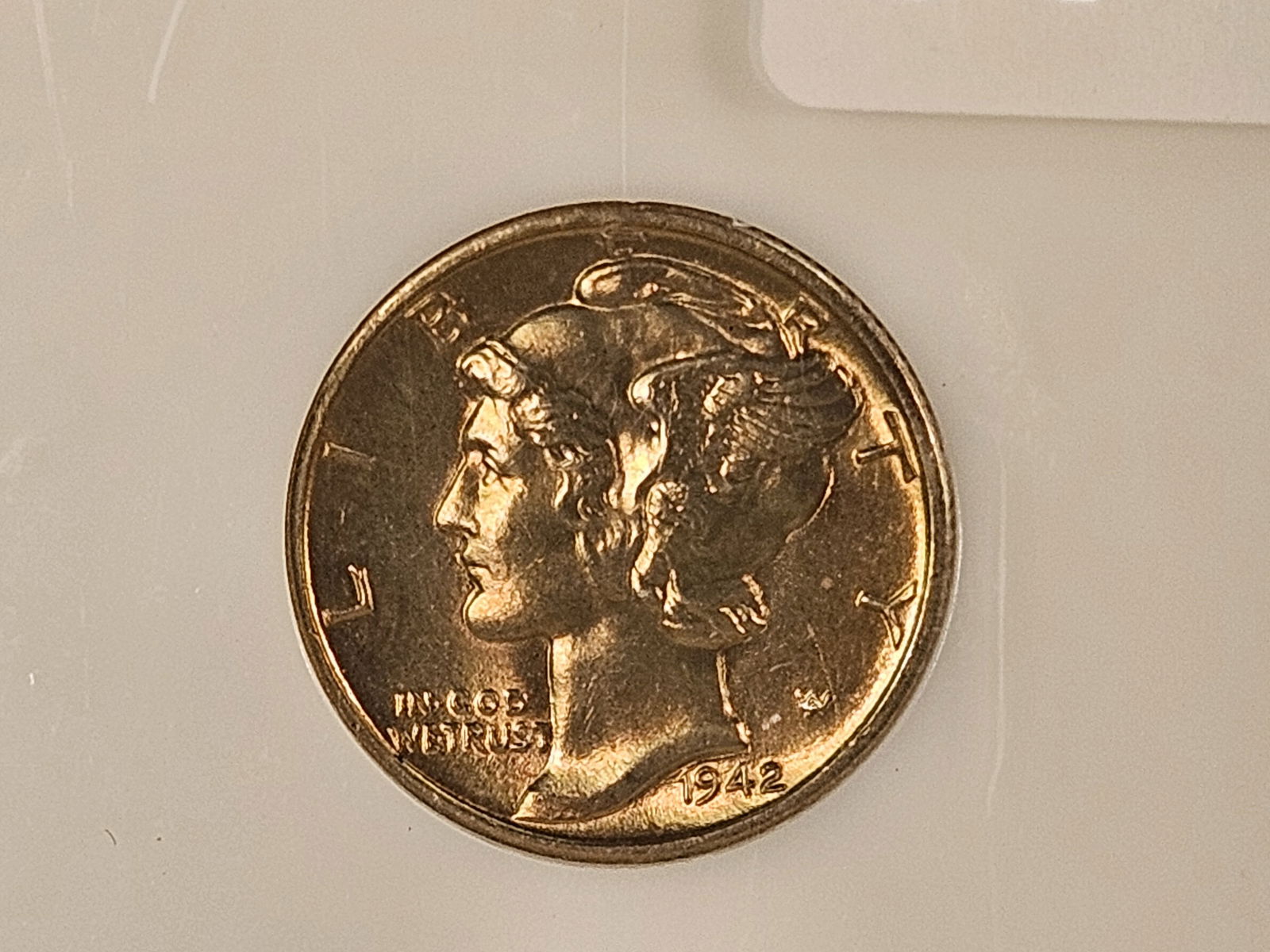 Superb GEM! PCI 1942 Mercury Dime in Mint State 67 FB: Full Bands! Lovely golden toning