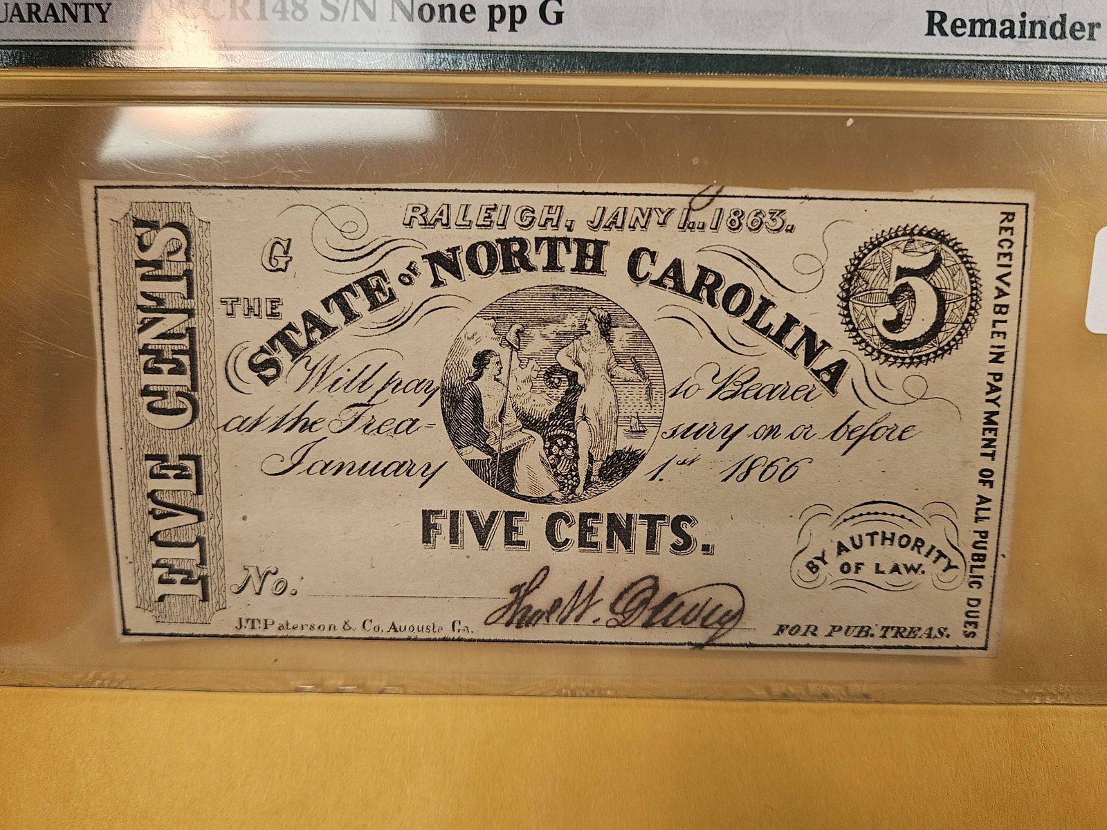 PMG 1863 North Carolina Five Cent in About Uncirculated 53 EPQ - 2