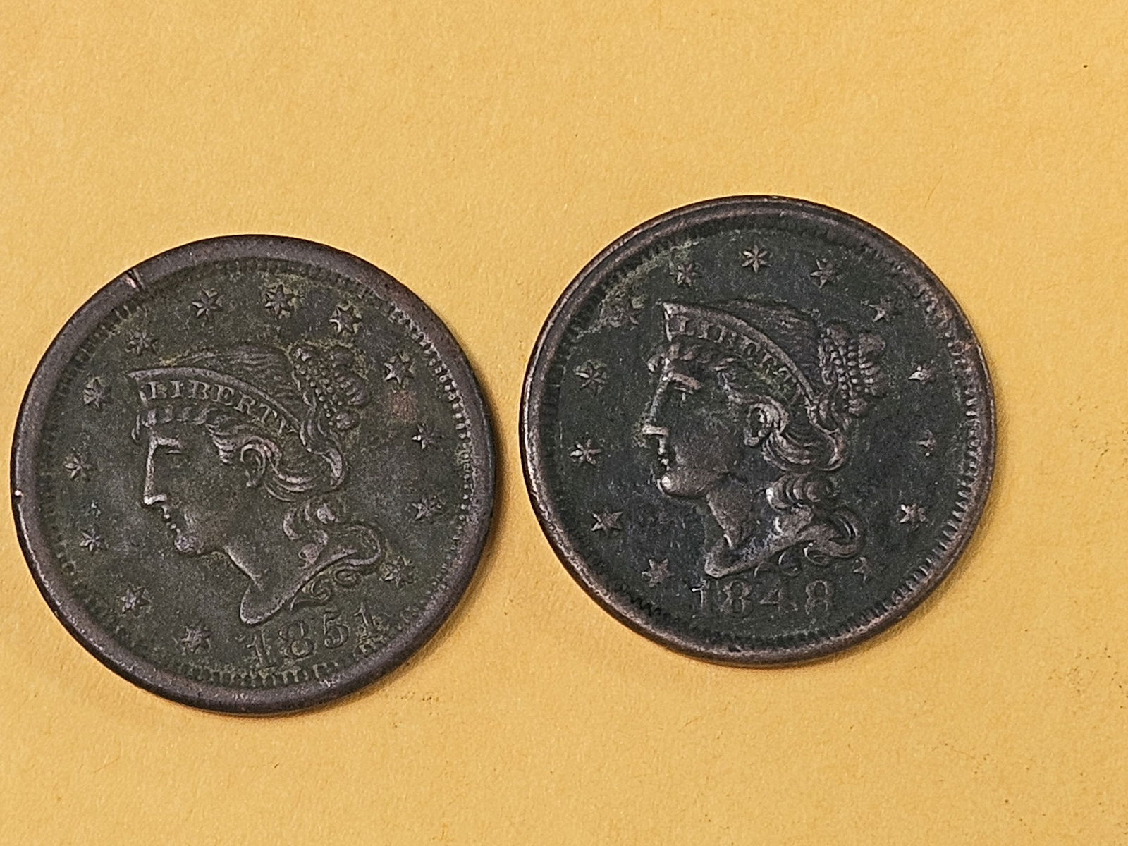 1848 and 1851 Braided Hair large Cents: Both in Extra Fine - details 