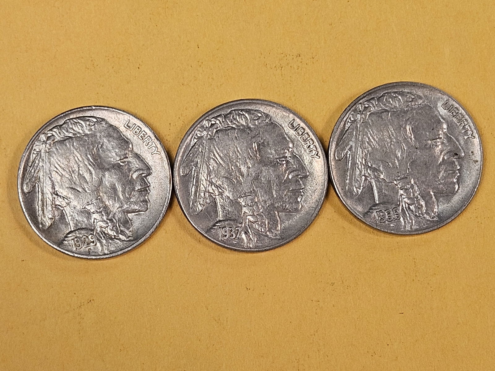 Three Choice Brilliant Uncirculated Buffalo Nickels: 1929, 1936 and 1937