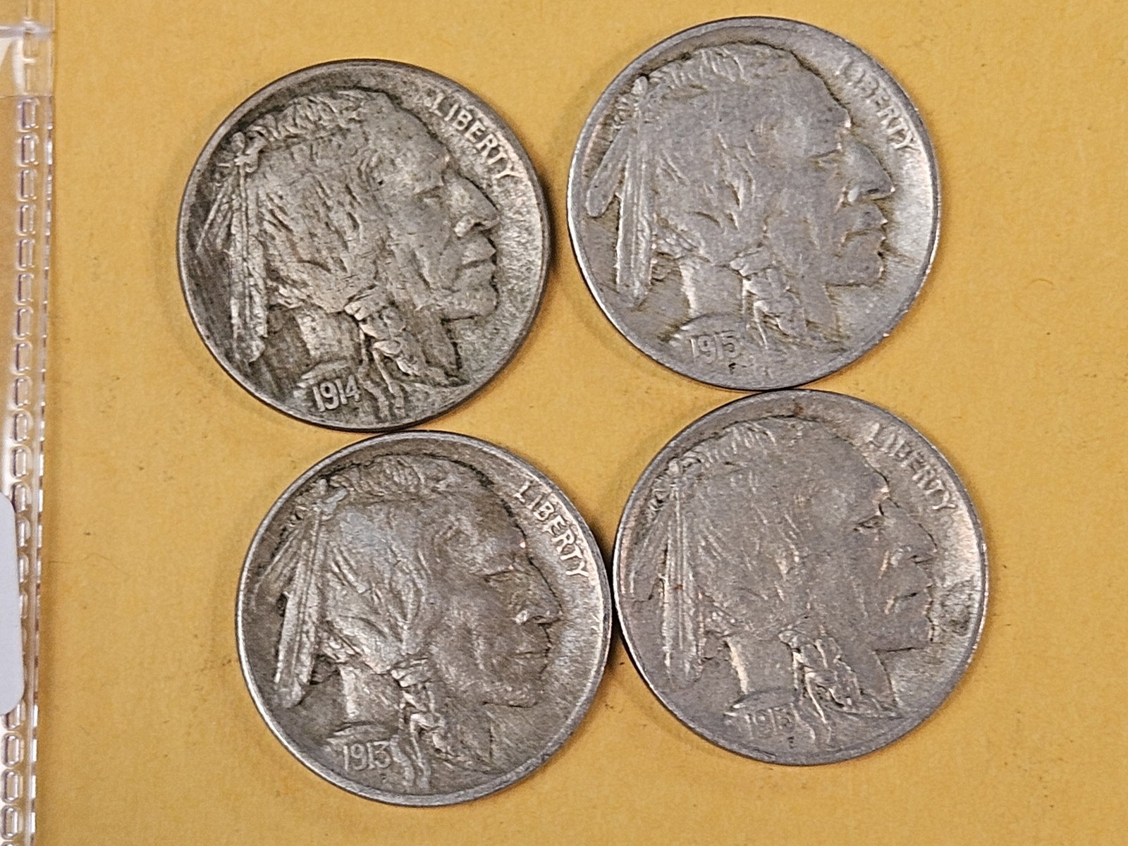 Four early date Buffalo Nickels in Extra Fine: 1913 ty 1, 1913 ty 2, 1914 and 1915 