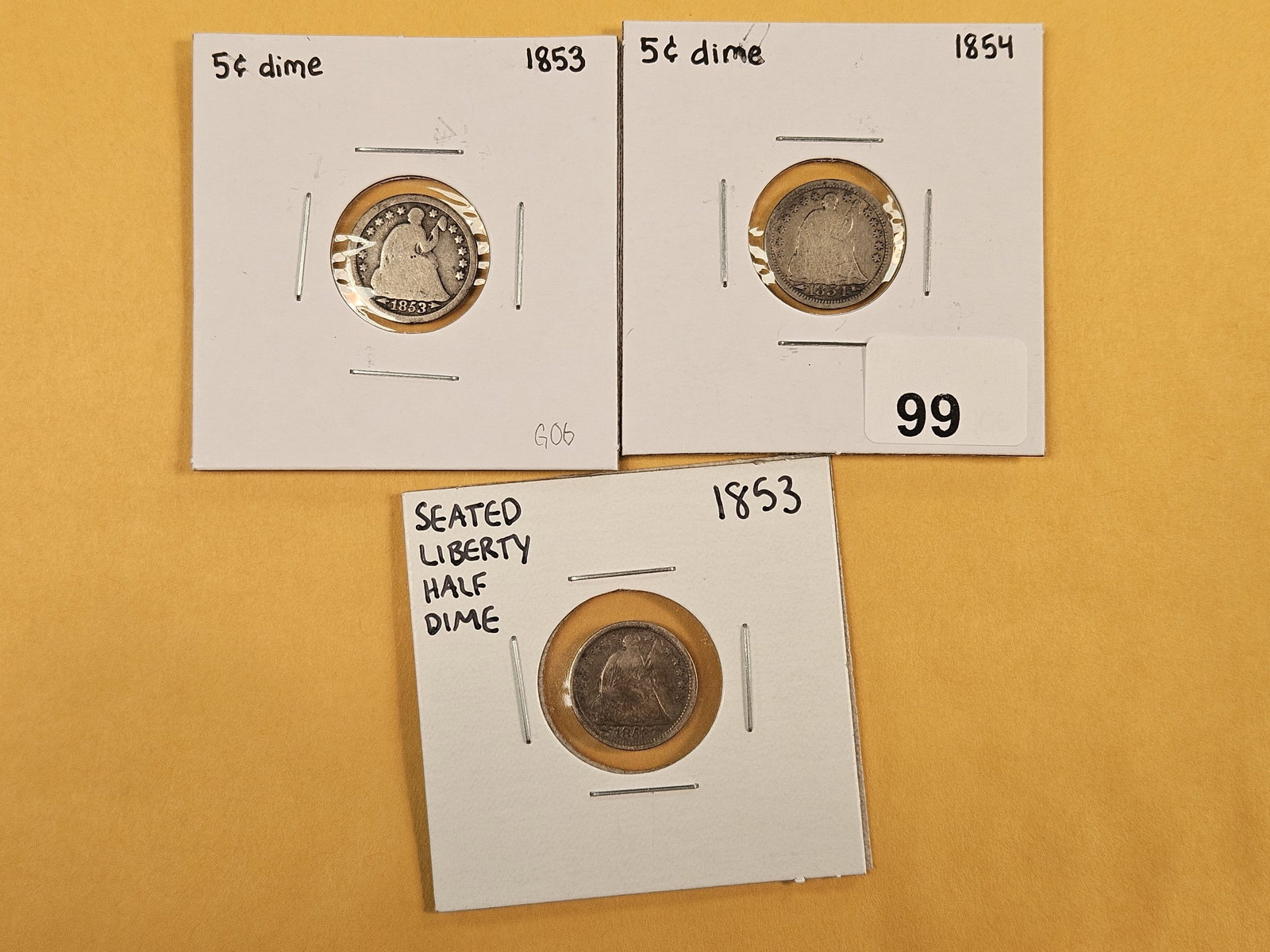 Three Seated Liberty silver Half Dimes: 1853 and 1853 