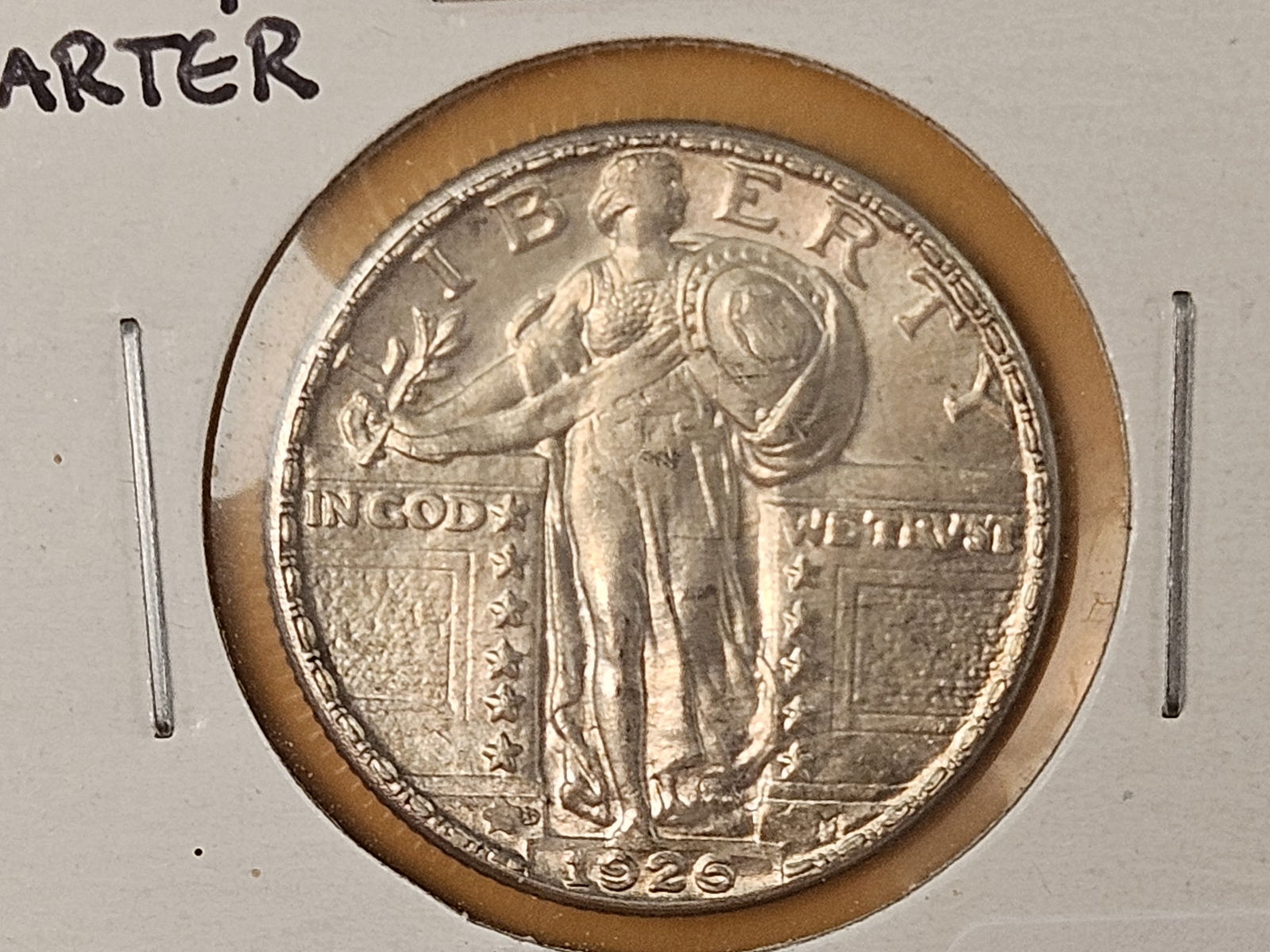Choice Brilliant AU-BU 1926-D Standing Liberty Quarter: Good cartwheel and luster. No circulation marks. Possibly light friction from an album. Great eye appeal! 