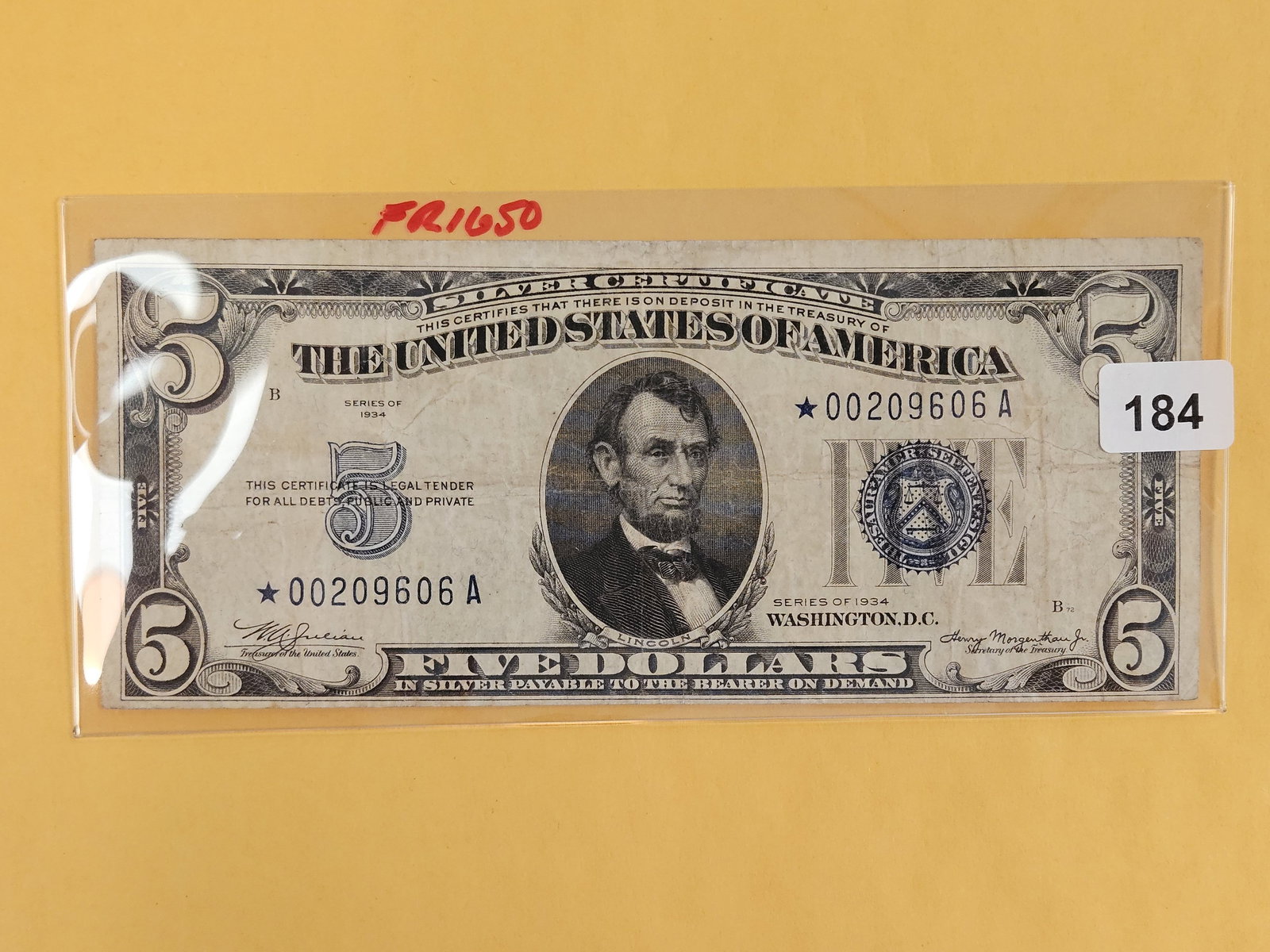 Series of 1934 Five Dollar Silver Certificate STAR REPLACEMENT! (1 of 2)