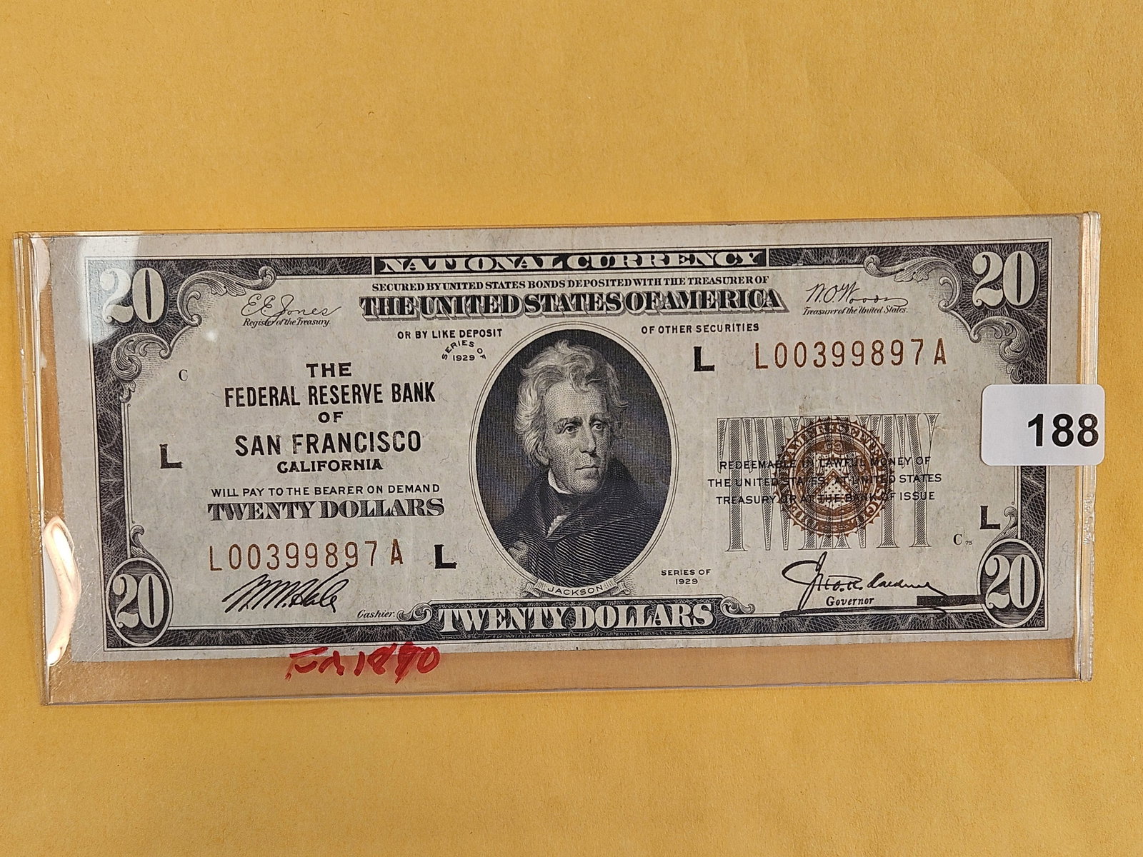 Series of 1929 Twenty Dollar National Currency in Very Fine Plus: San Francisco. FR 1890 