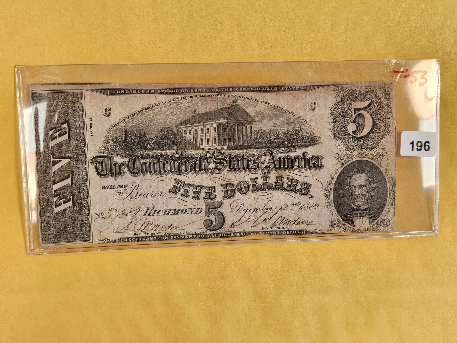 1862 Confederate States of America Five Dollar (1 of 2)