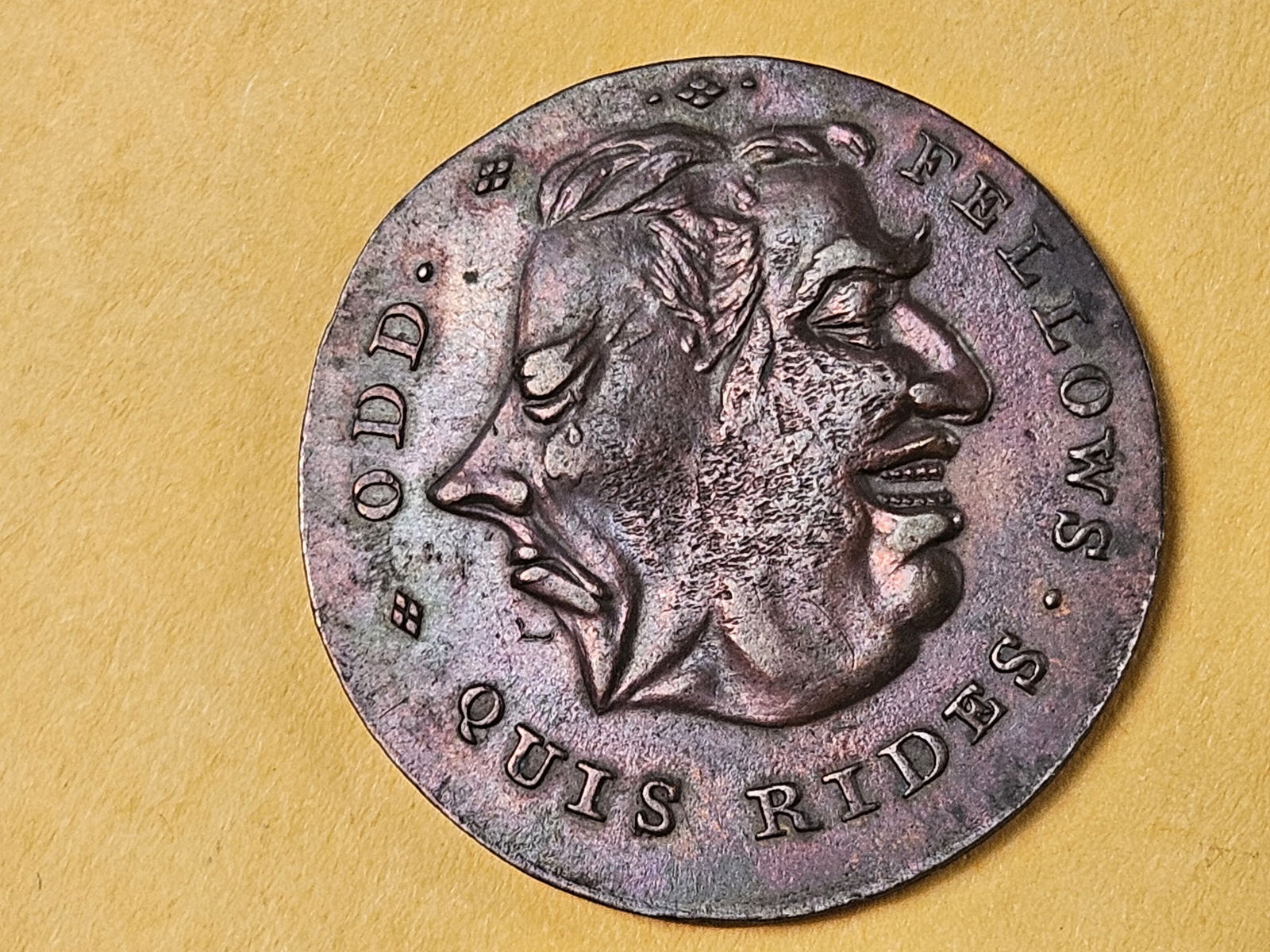 CONDER TOKEN! About Uncirculated Red-Brown Half penny token: Middlesex. Spences. Heads of Pitt & Fox conjoined 