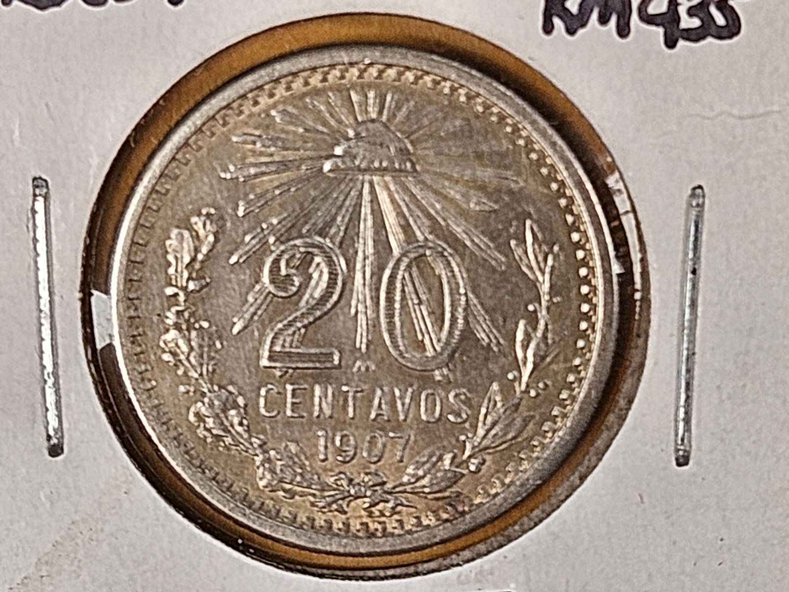 Brilliant About Uncirculated plus 1907 Mexico silver 20 centavos (1 of 6)