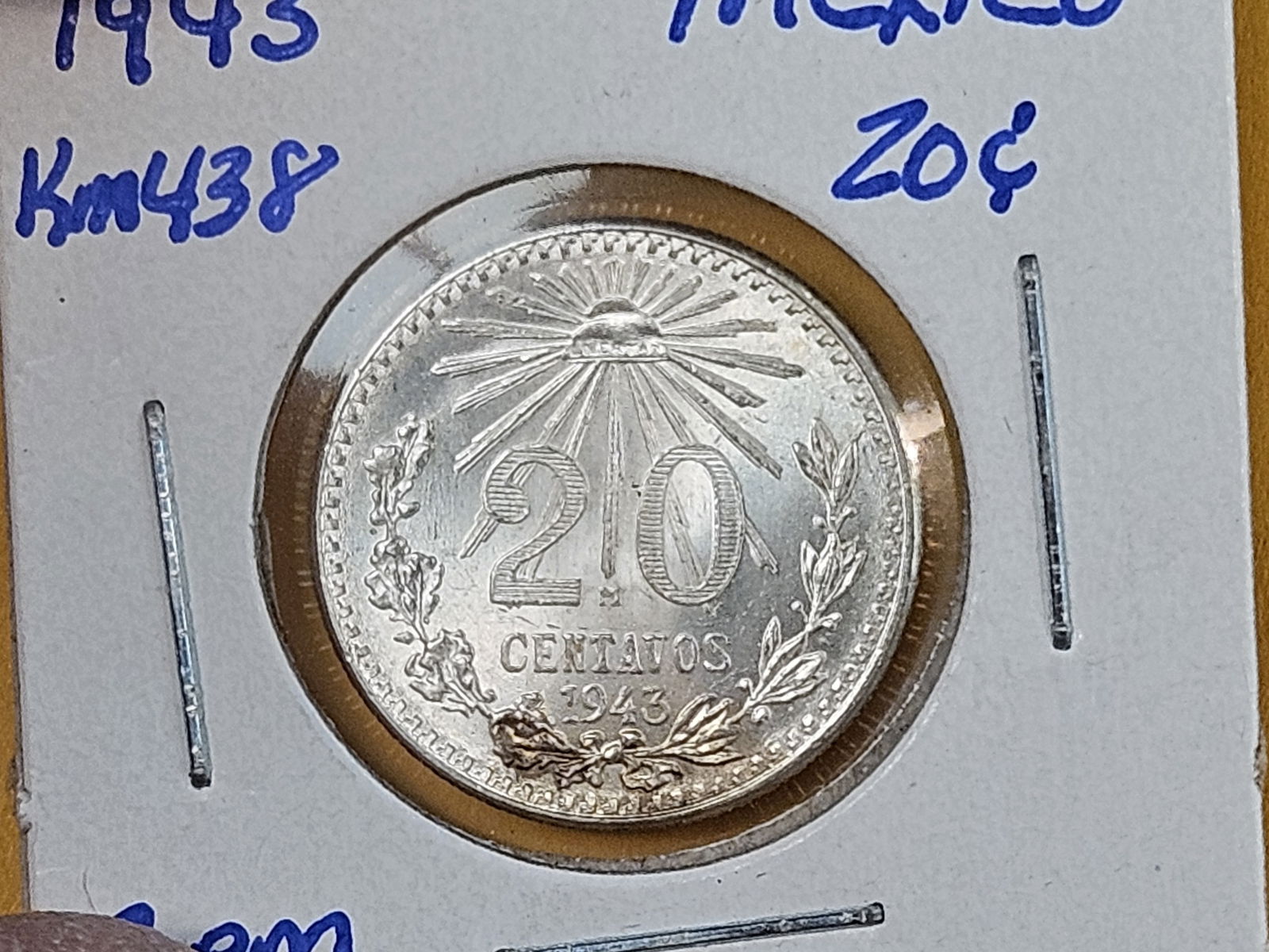 GEM Brilliant Uncirculated 1943 Mexico silver 20 centavos - 3