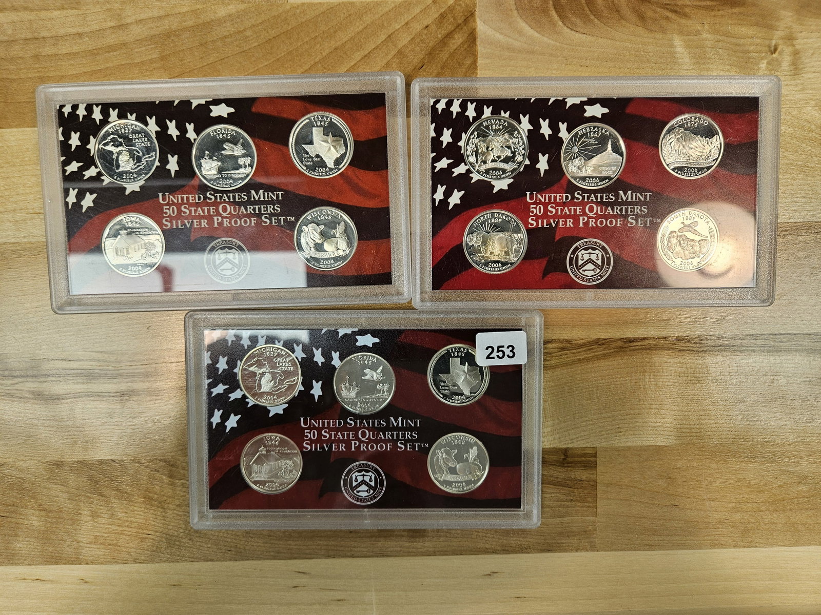 Three US Quarters SILVER Proof Sets: In original hard case, but no box or COA. Just the silver 