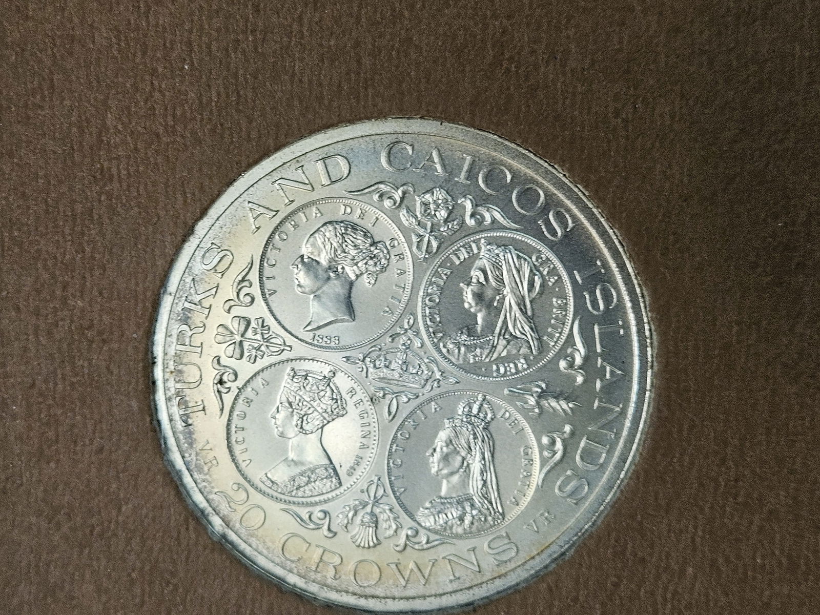 GEM Brilliant Uncirculated 1976 Turks and Caicos Islands Silver Victory 20 Crown - 2