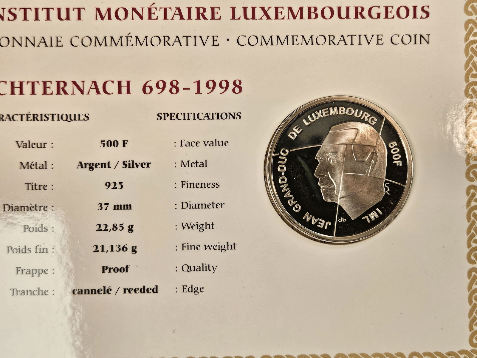 GEM Proof silver 1998 Luxembourg 500 Franc Commemorative - 3