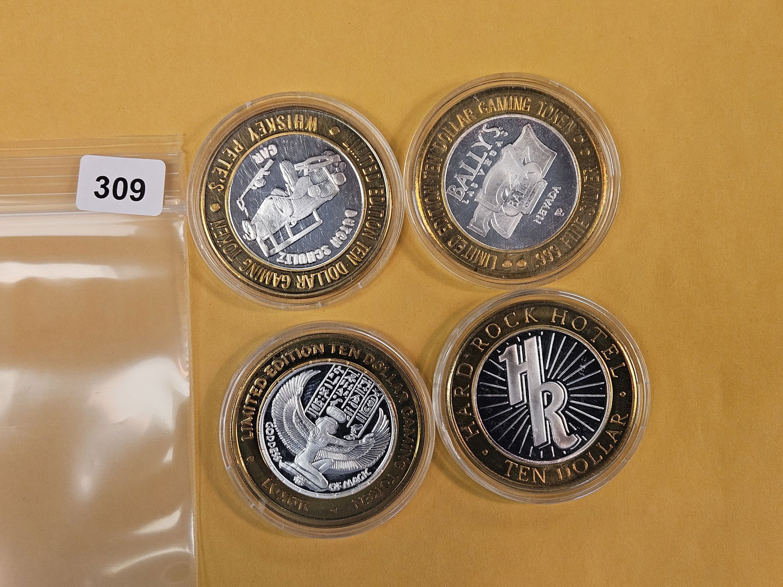 Four GEM Ten Dollar .999 fine Silver Center Casino Gaming Tokens: Mixed. 