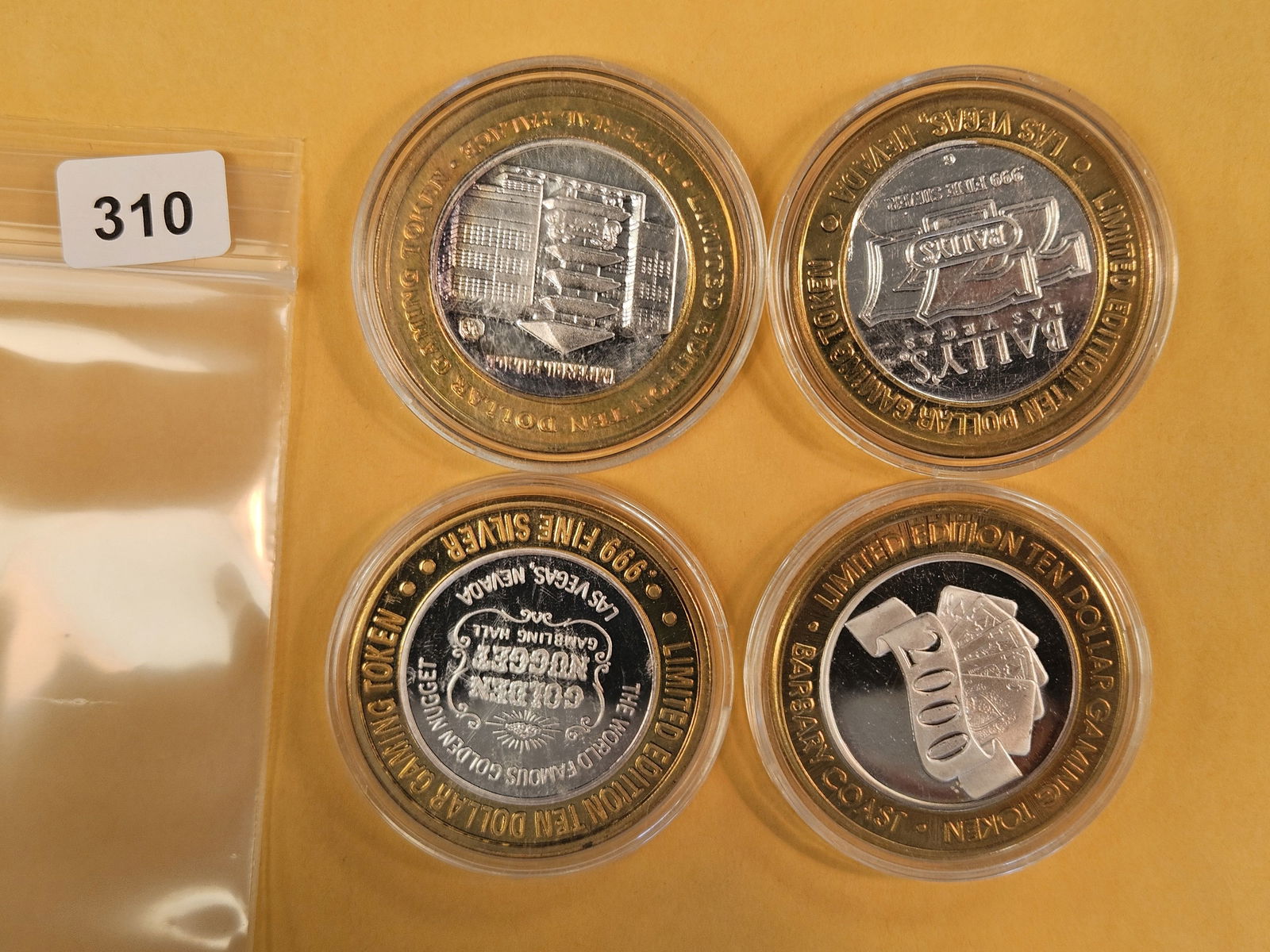 Four GEM Ten Dollar .999 fine Silver Center Casino Gaming Tokens: Mixed. 