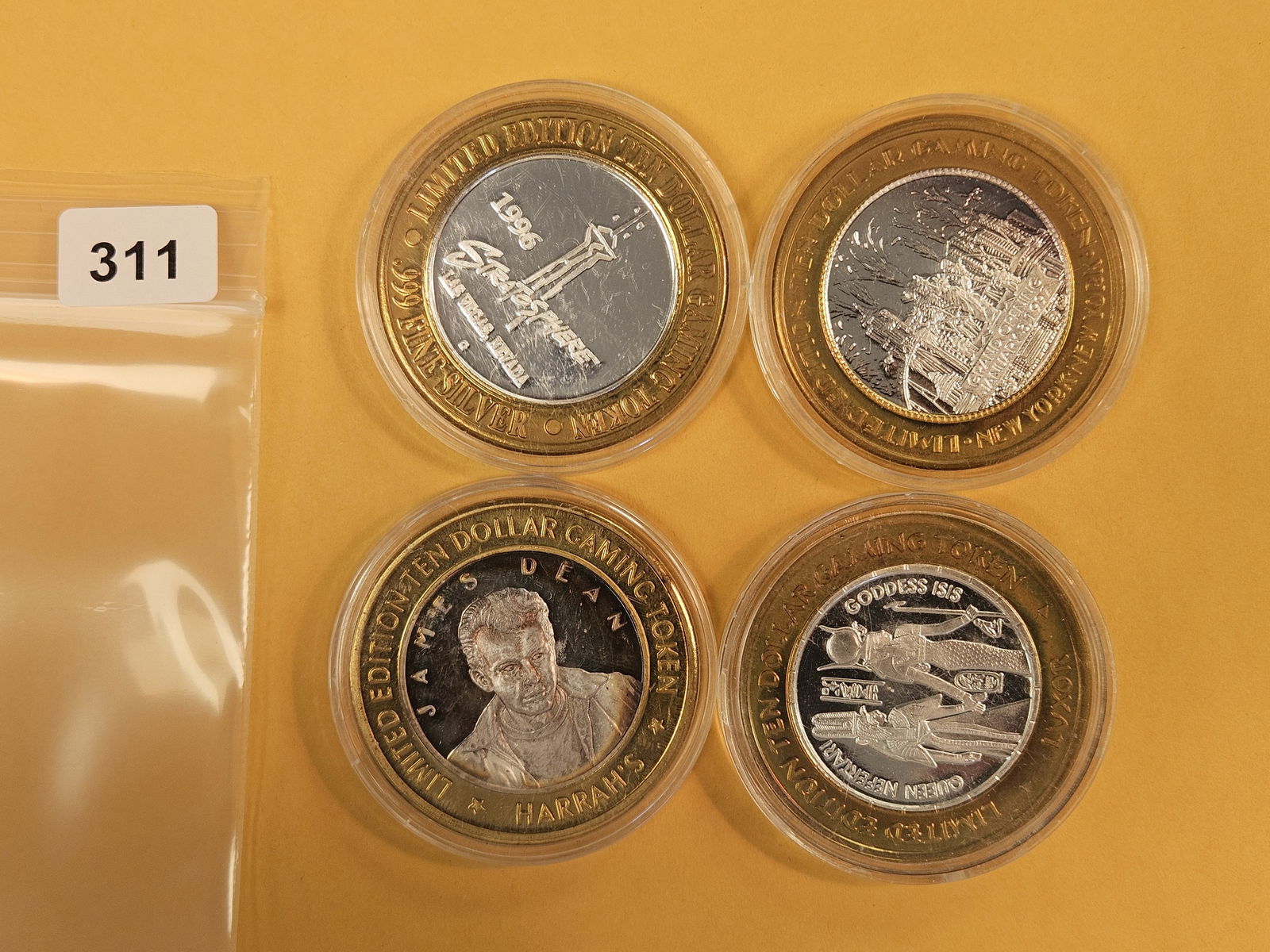 Four GEM Ten Dollar .999 fine Silver Center Casino Gaming Tokens: Mixed. 