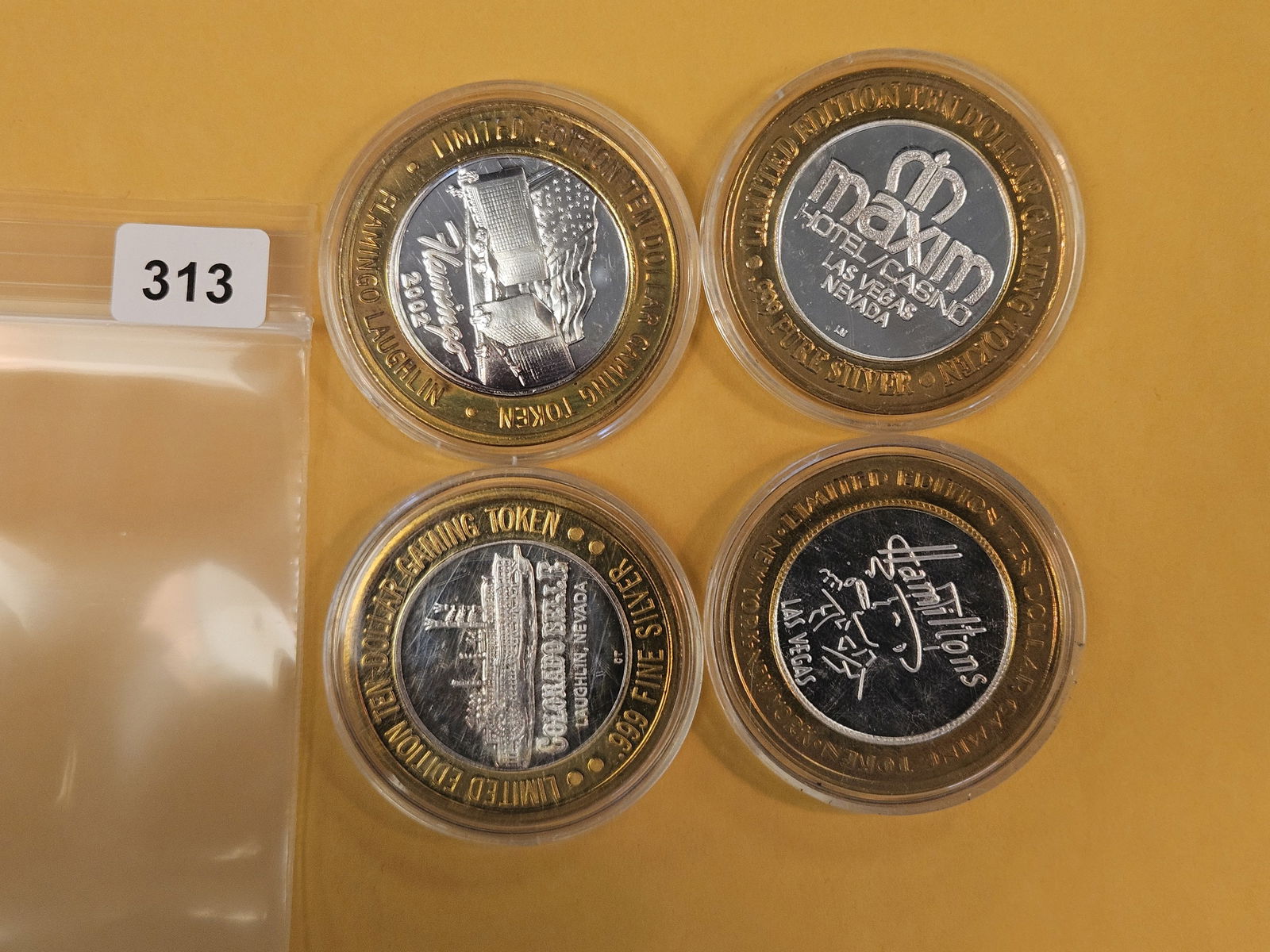 Four GEM Ten Dollar .999 fine Silver Center Casino Gaming Tokens: Mixed. 