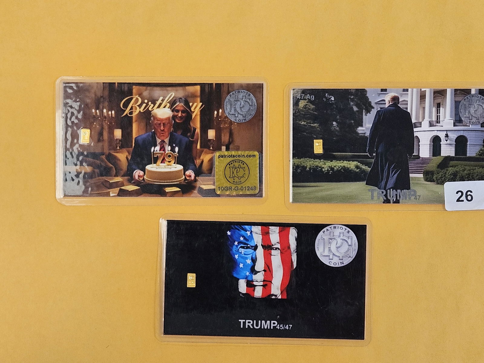 GOLD! Three .9999 fine gold TRUMP Bars: Each one is 1/4 grain 