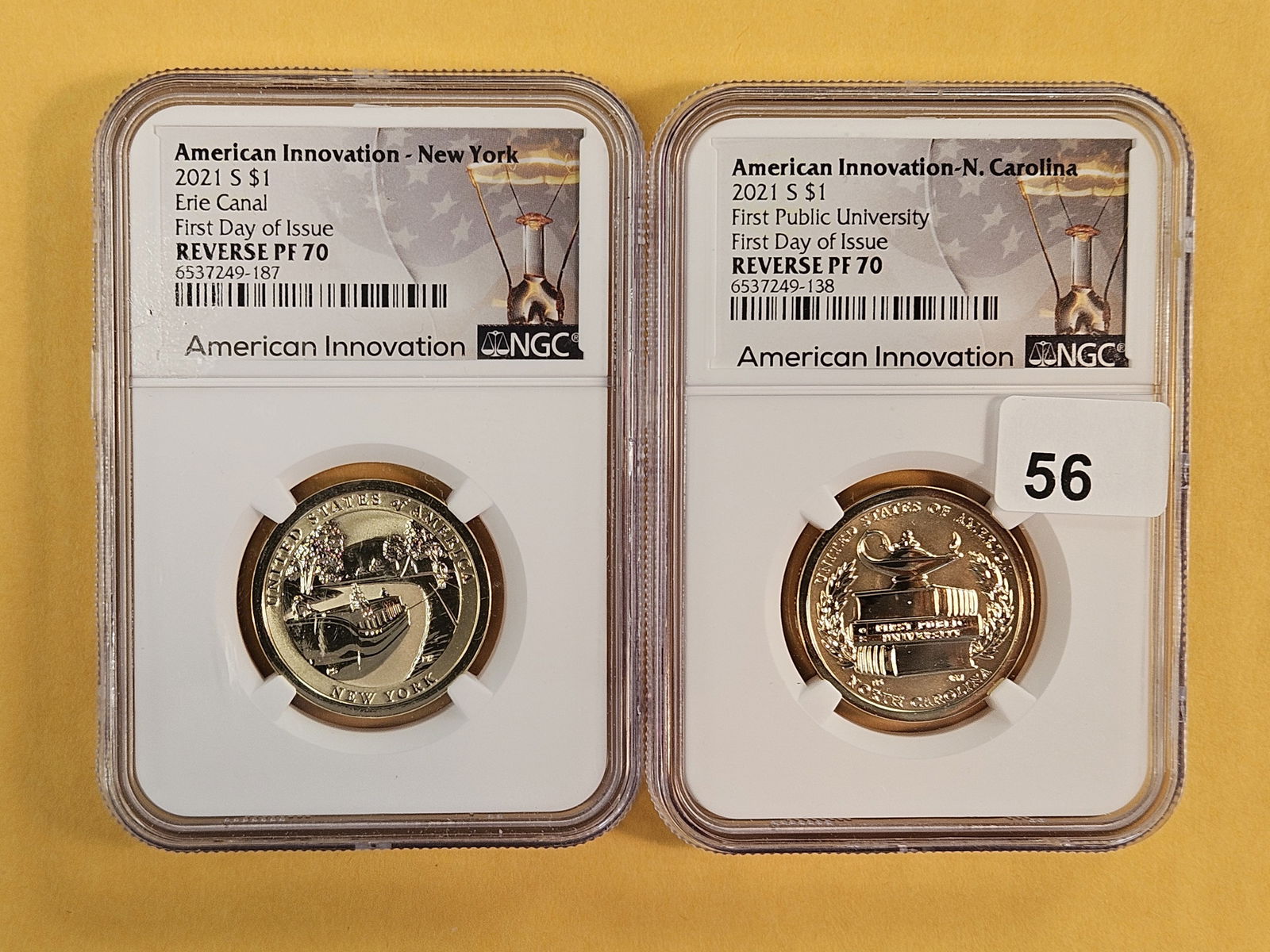 Two PERFECT NGC-graded American Innovation Dollars: Both in REVERSE Proof 70! New York & North Carolina 