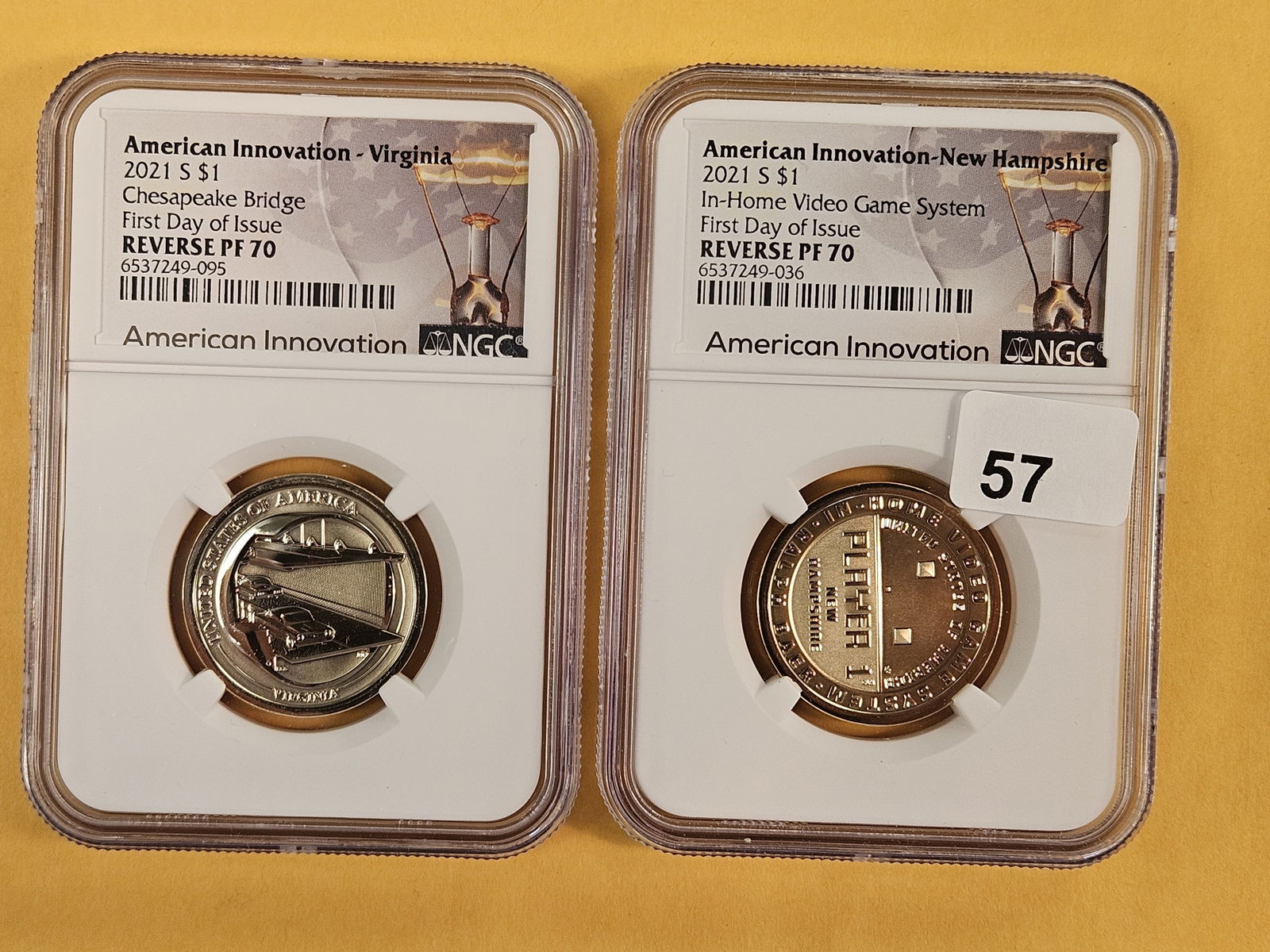 Two PERFECT NGC-graded American Innovation Dollars: Both in REVERSE Proof 70! Virginia and New Hampshire 