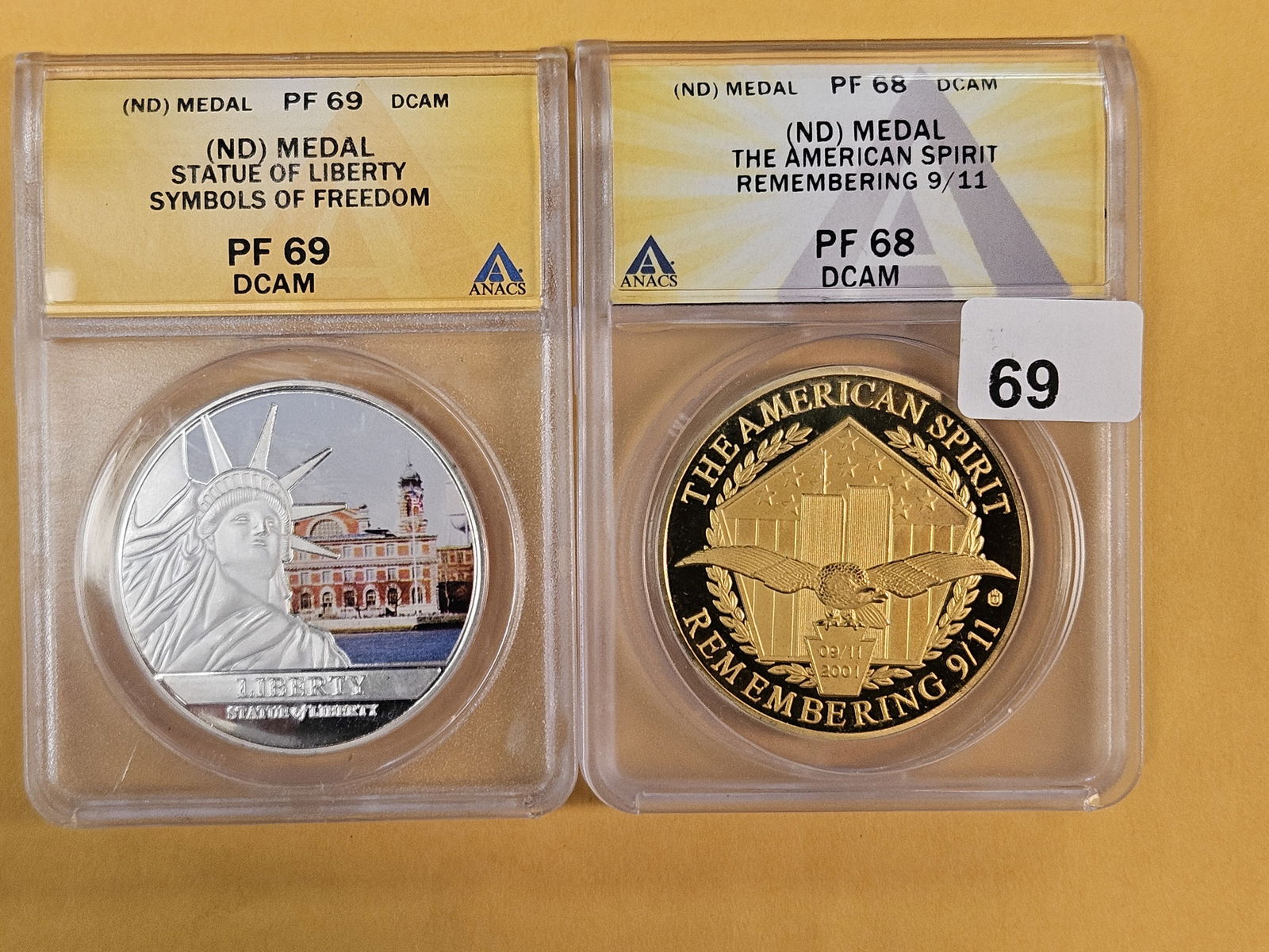 Two Near-Perfect ANACS-graded No-Date medals: Statue of Liberty in Proof 69 Deep Cameo and The American Spirit in Proof 68 Deep Cameo 