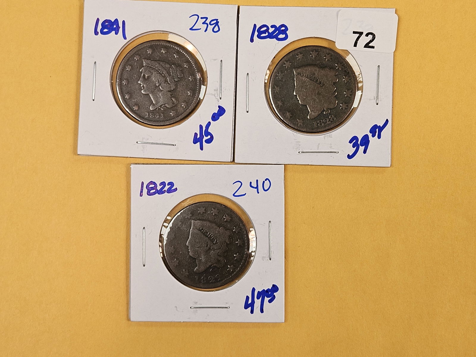 Three mixed Large Cents: 1841, 1828 and 1822 