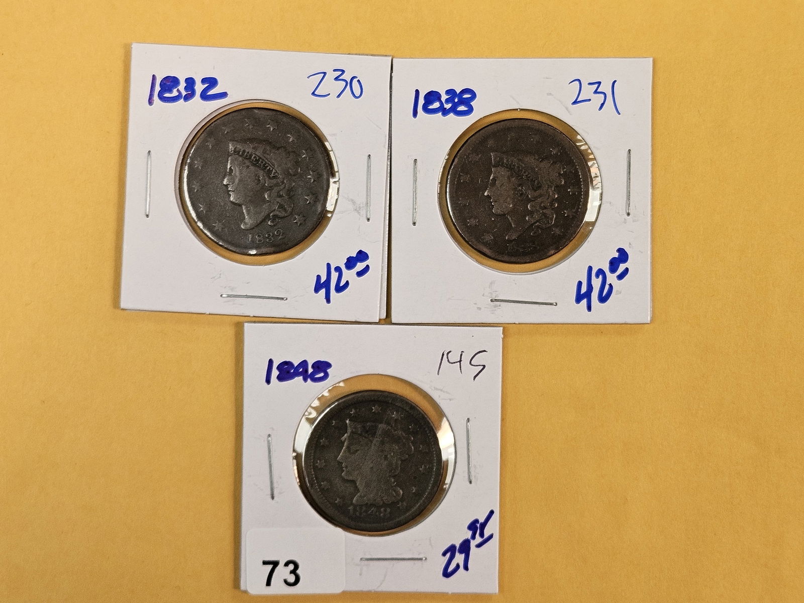 Three mixed Large Cents: 1832, 1838 and 1848 