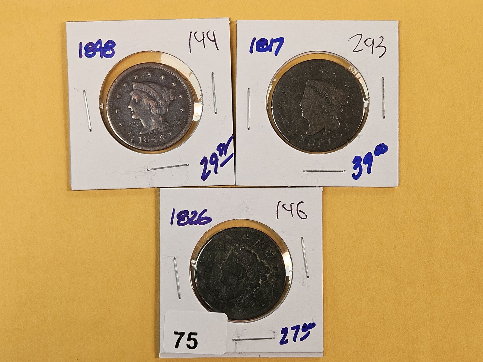 Three mixed Large Cents: 1848, 1817 and 1826 