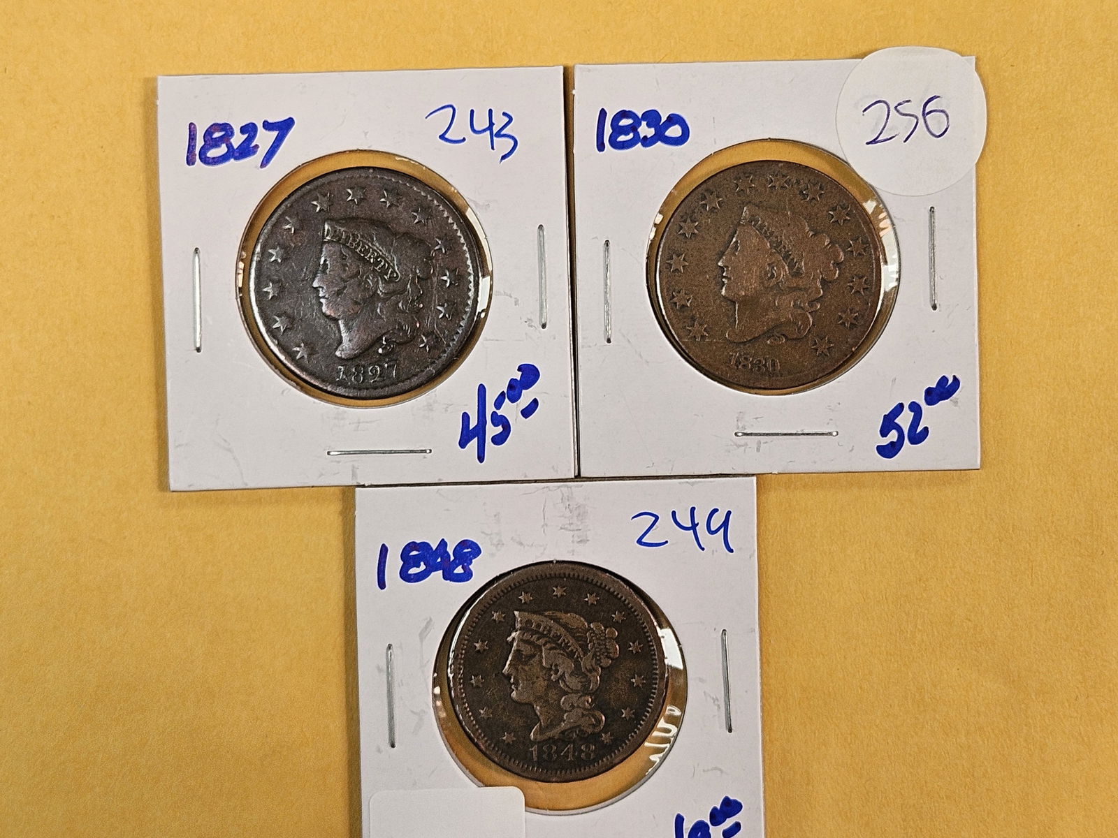 Three mixed Large Cents: 1827, 1830 and 1848 