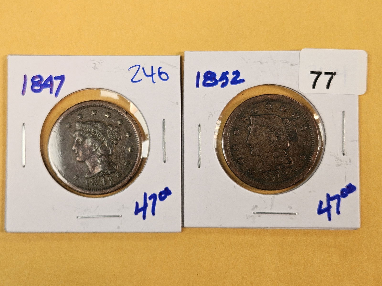 1847 and 1852 Braided hair large cents: Both in Very Fine 