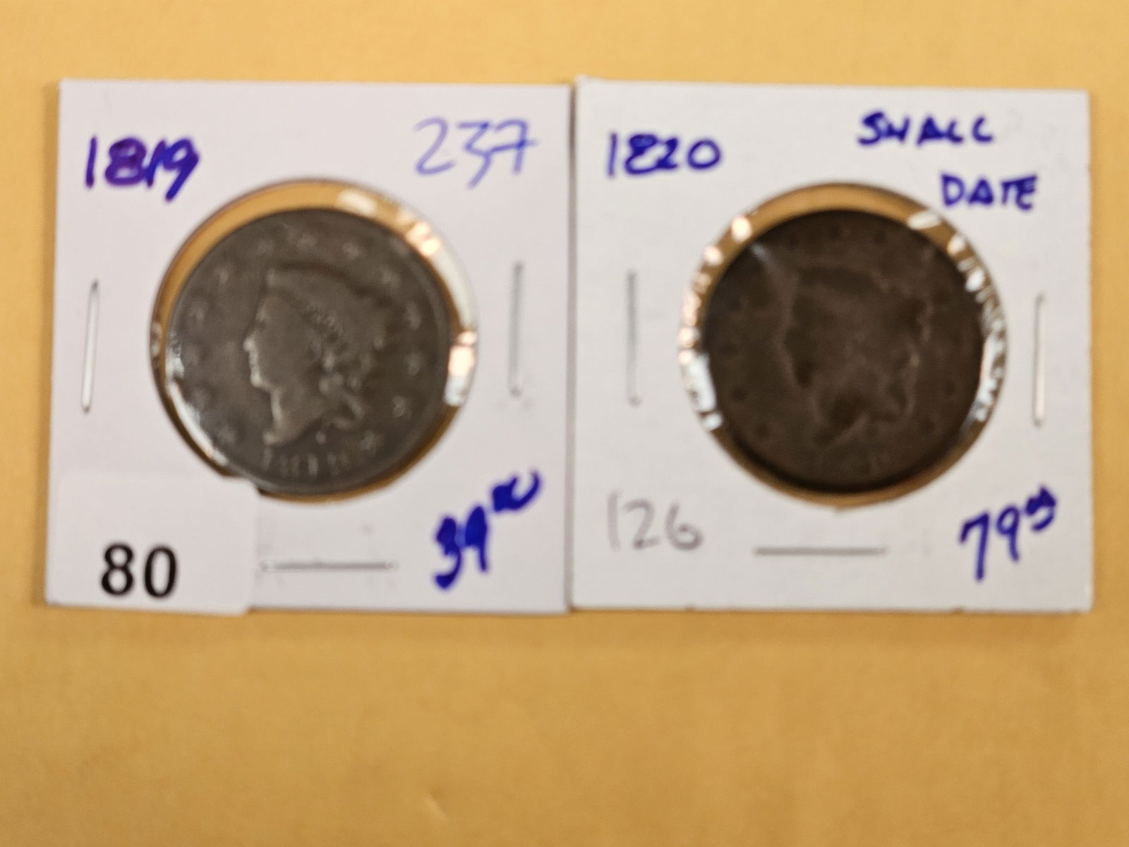 1819 and 1820 Coronet Head Large Cents: The 1820 is the small date version 