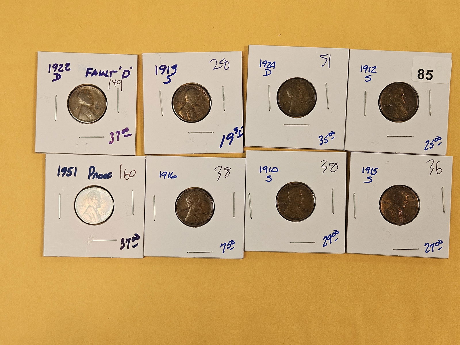 Eight, mixed, better and Semi-key Date Wheat cents: 22-D, 13-S, 24-D, 12-S, 51 proof, 16, 10-S and 15-S 