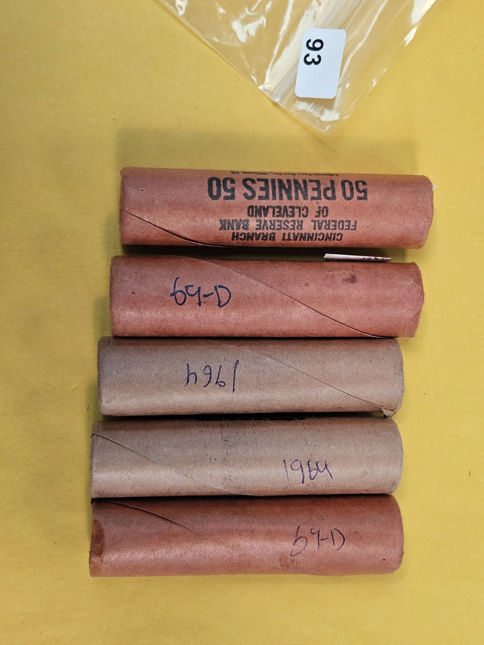 Five Bank Wrapped rolls of Brilliant Uncirculated Memorial Cents: Ends look BU. From dealer. Unsearched by us 