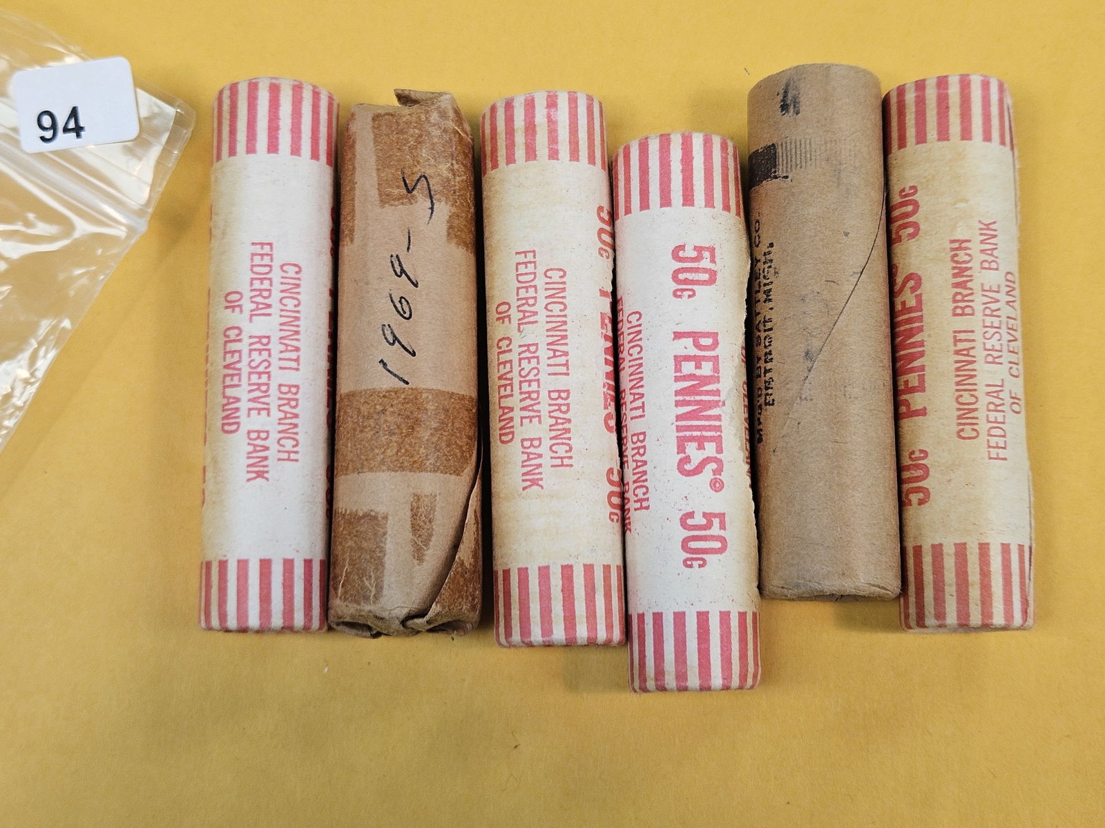Six Bank Wrapped rolls of Brilliant Uncirculated Memorial Cents: Ends look BU. From dealer. Unsearched by us 