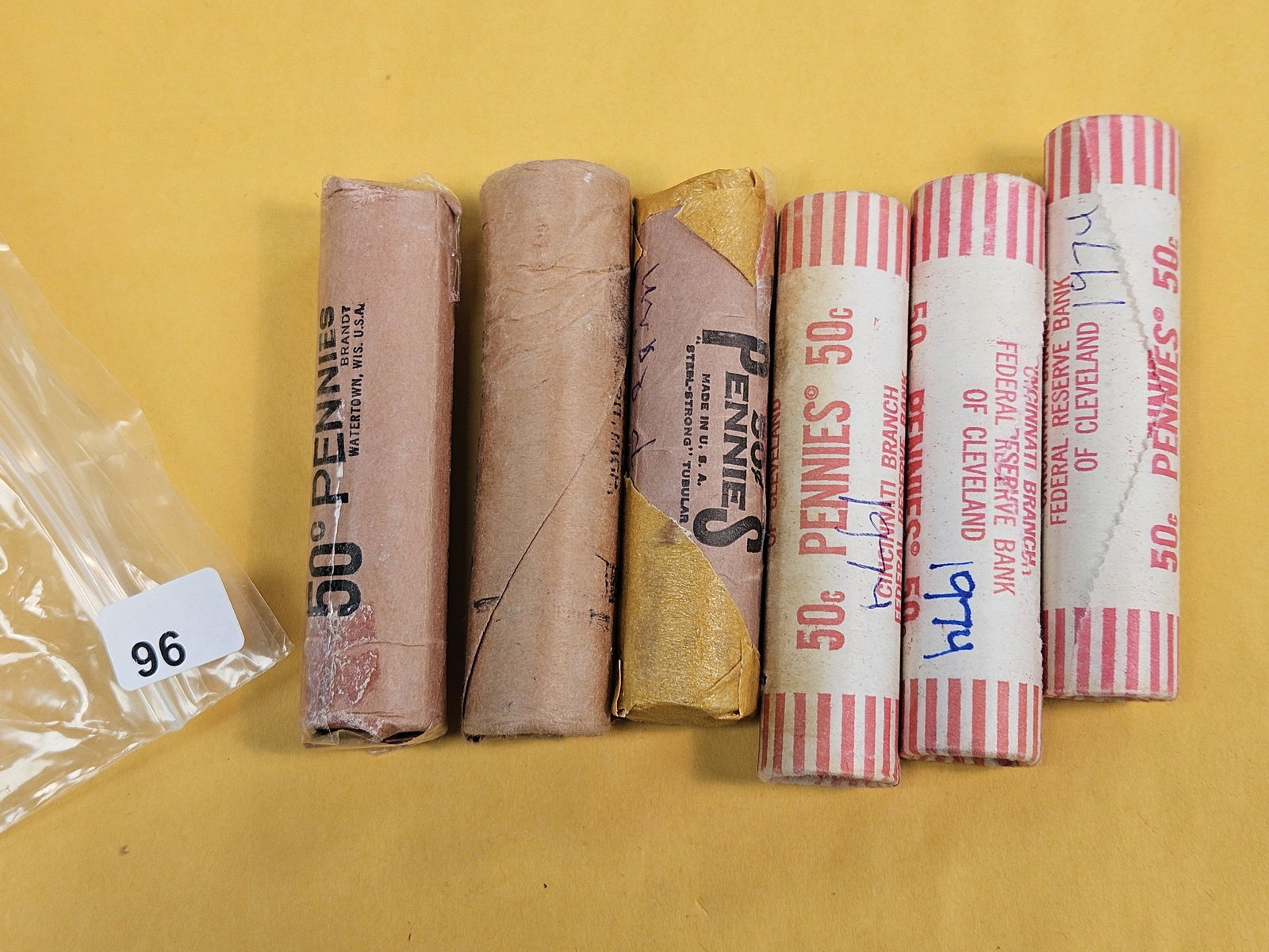 Six Bank Wrapped rolls of Brilliant Uncirculated Memorial Cents: Ends look BU. From dealer. Unsearched by us 
