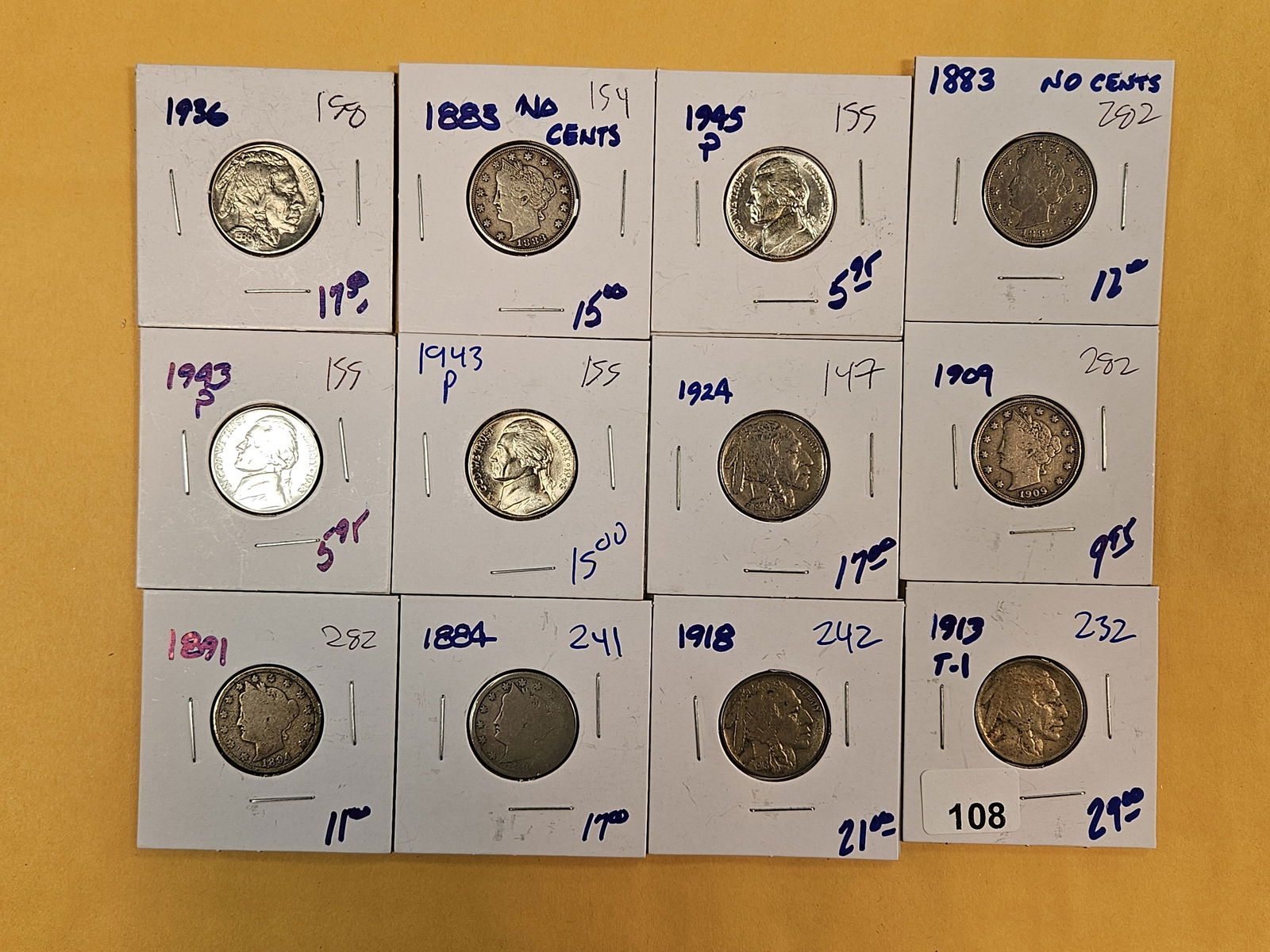 Twelve fun, mixed, nickels: Silver Jeffersons, Buffalo and Liberty