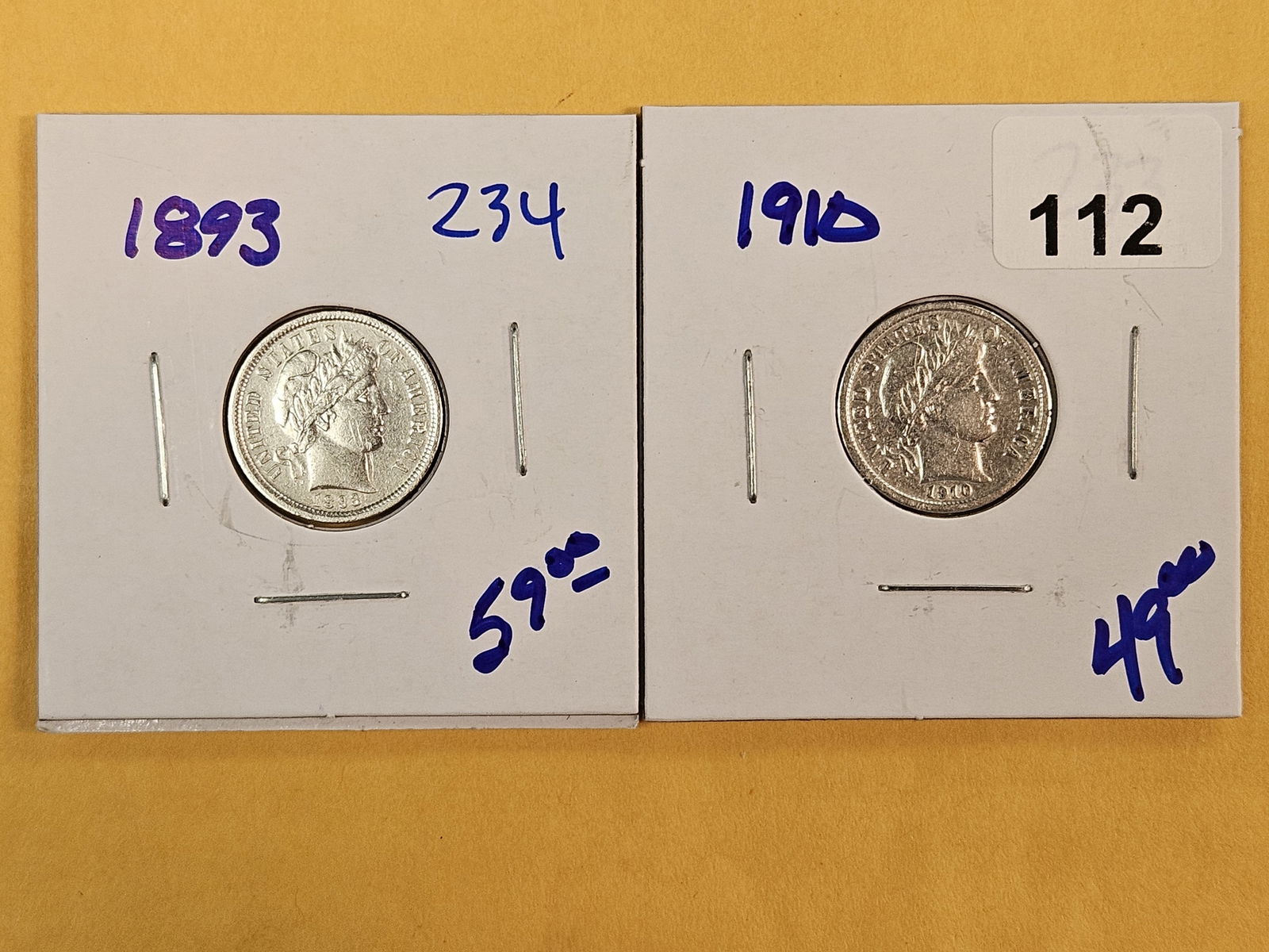Two little better grade silver Barber Dimes: 1893 and 1910